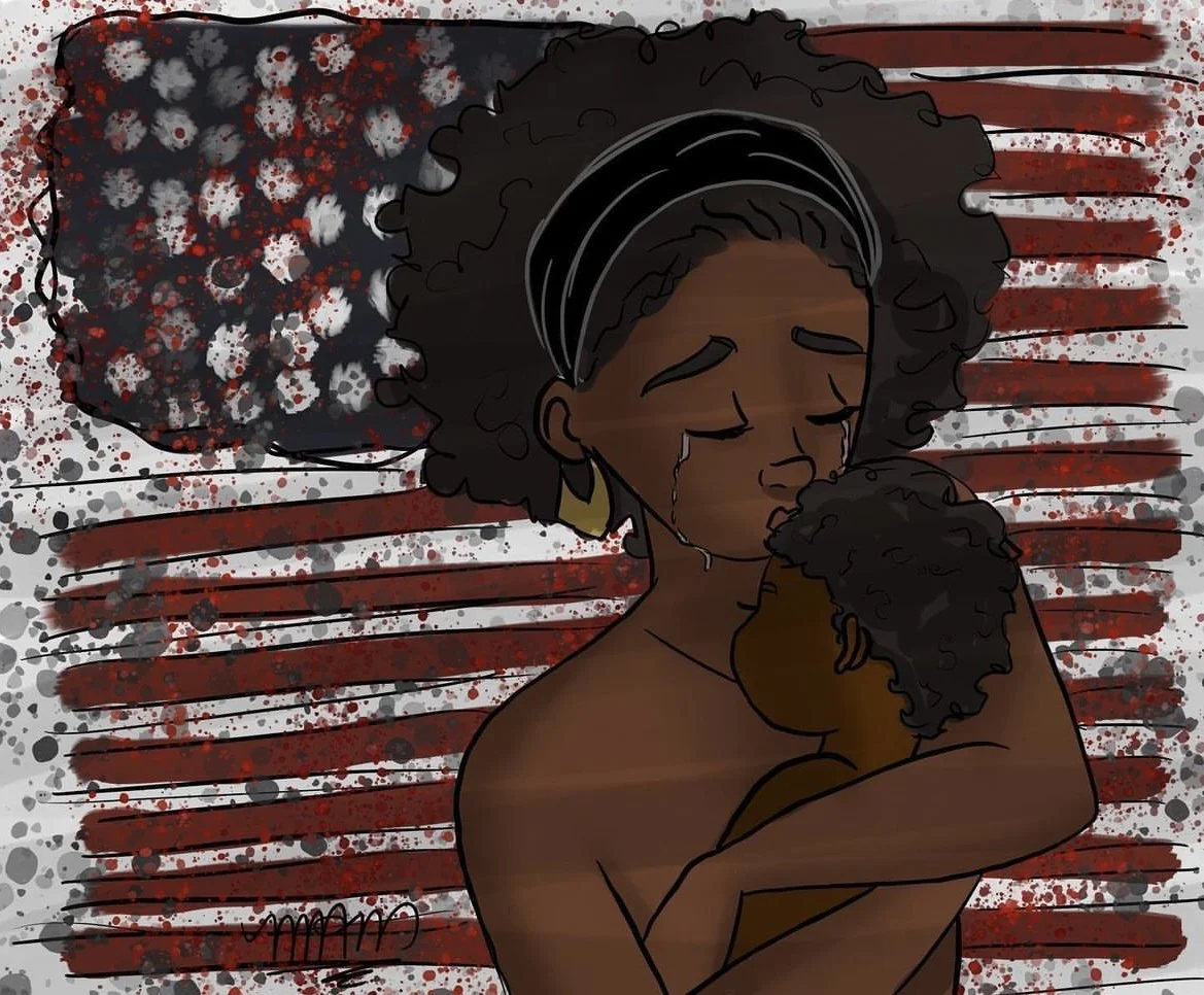 Drawing of a woman with tears in her eyes holding a child, against a background of an American flag with blood splatters.