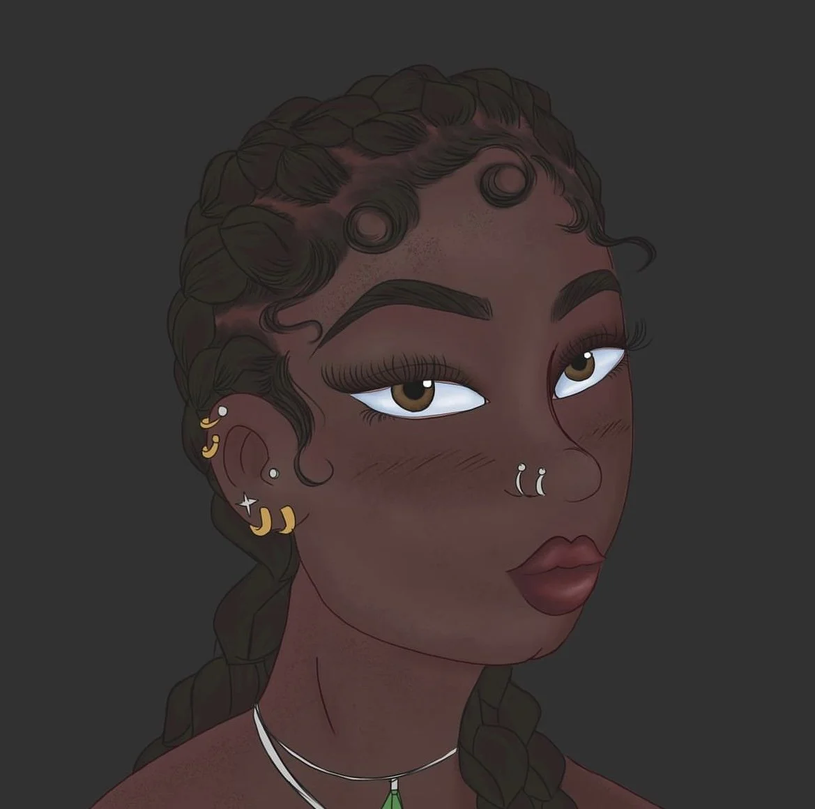 Digital illustration of a woman with brown skin, braided hair, multiple earrings, and piercings on her nose, with neutral expression and dark background.