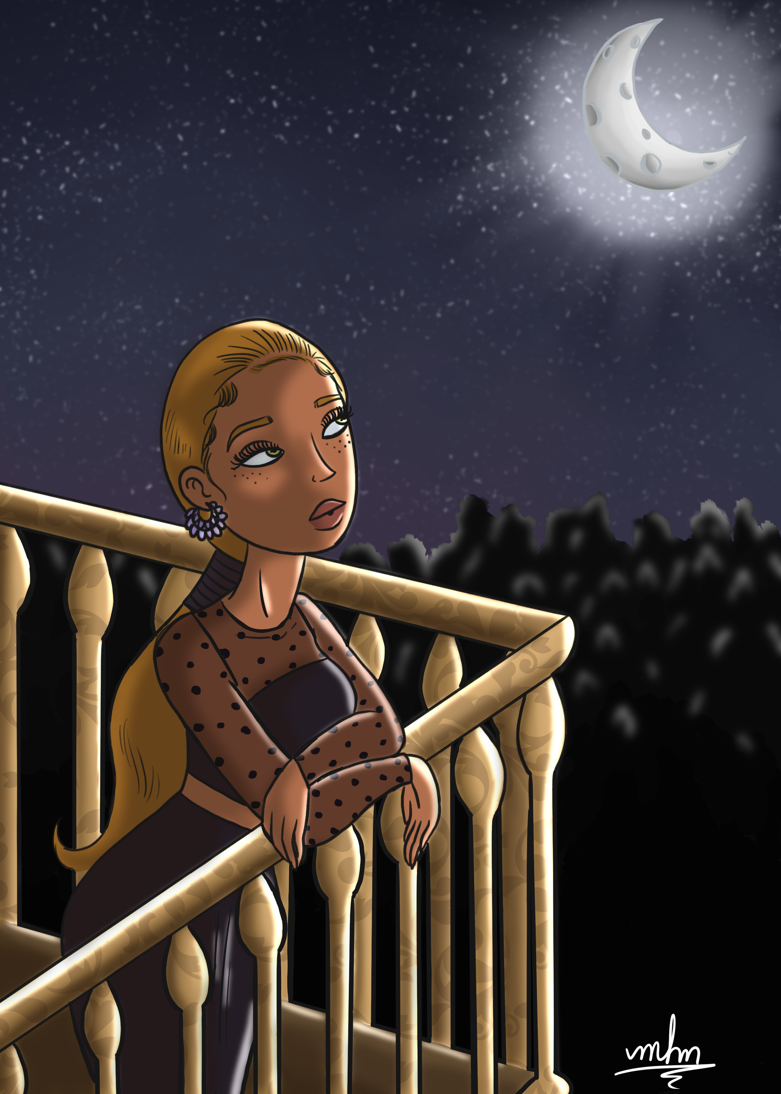 A woman with blonde hair and freckles leans on a balcony railing, looking up at the starry night sky with a crescent moon.