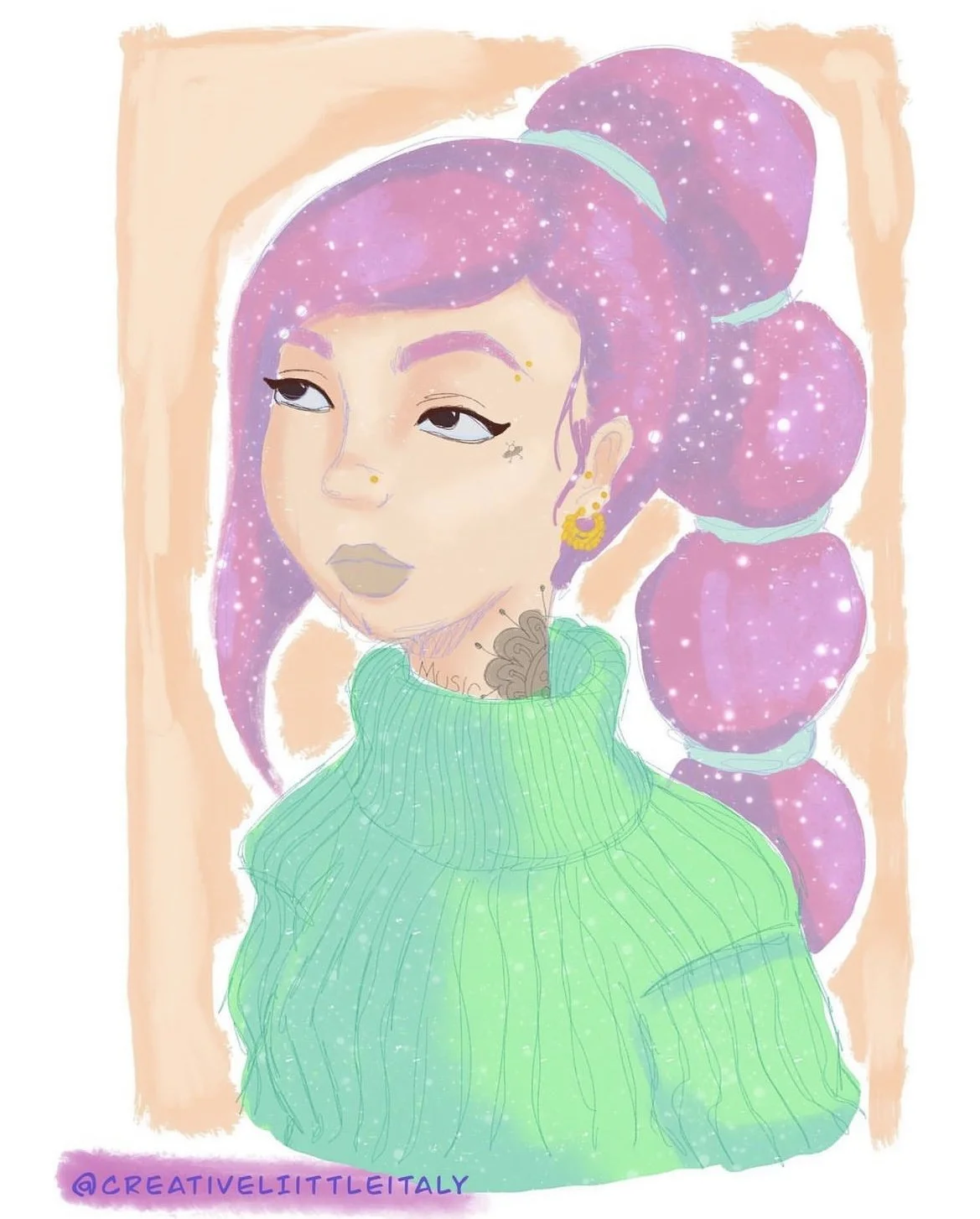Digital illustration of a woman with purple and pink galaxy-themed hair styled in large puffs, wearing a green sweater, with visible tattoos and jewelry, set against a peach-colored background.