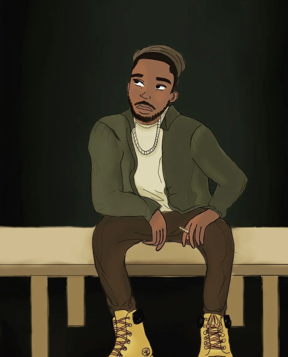 Digital illustration of a man sitting on a bench against a dark background, wearing yellow Timberland boots, olive green jacket, white shirt, and gold chains, with a casual pose and thoughtful expression.