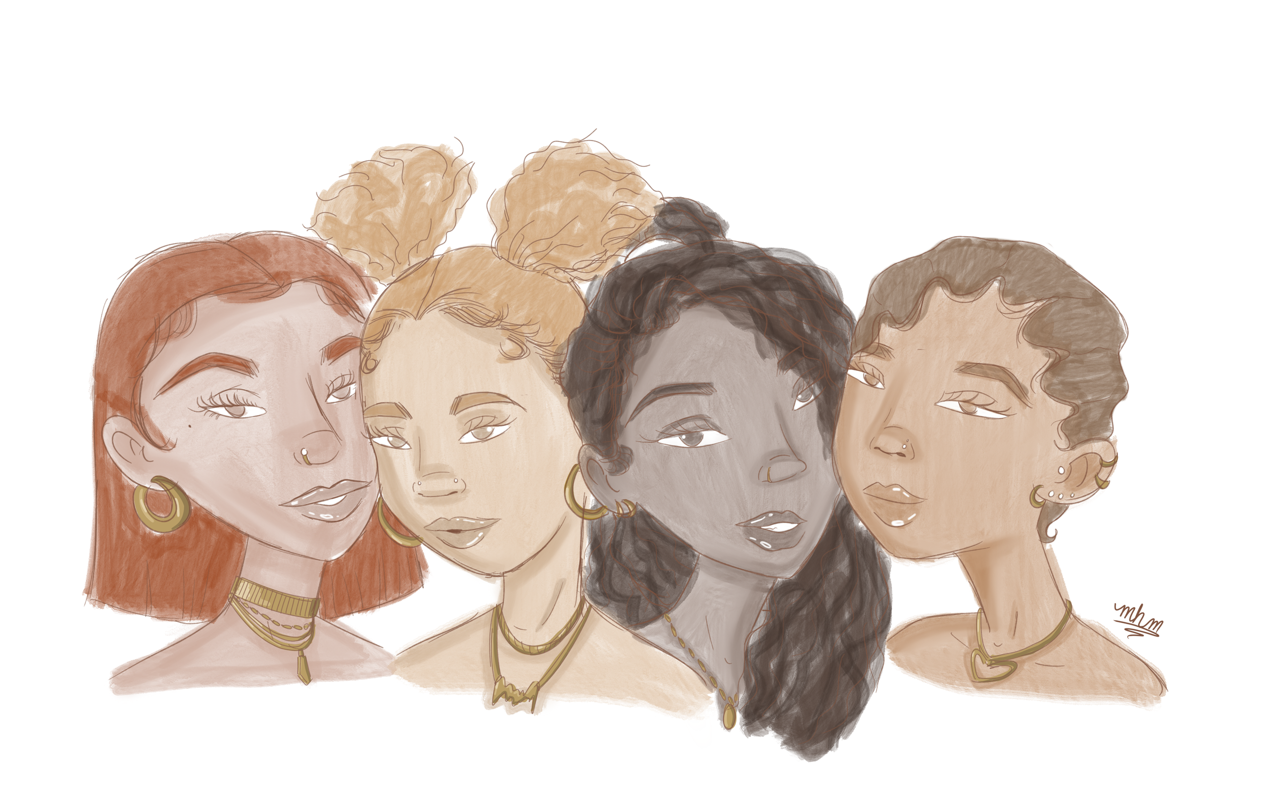 Digital illustration of five women with diverse hairstyles and jewelry, standing close together, with their hair in buns, curls, and loose styles, wearing necklaces and earrings.