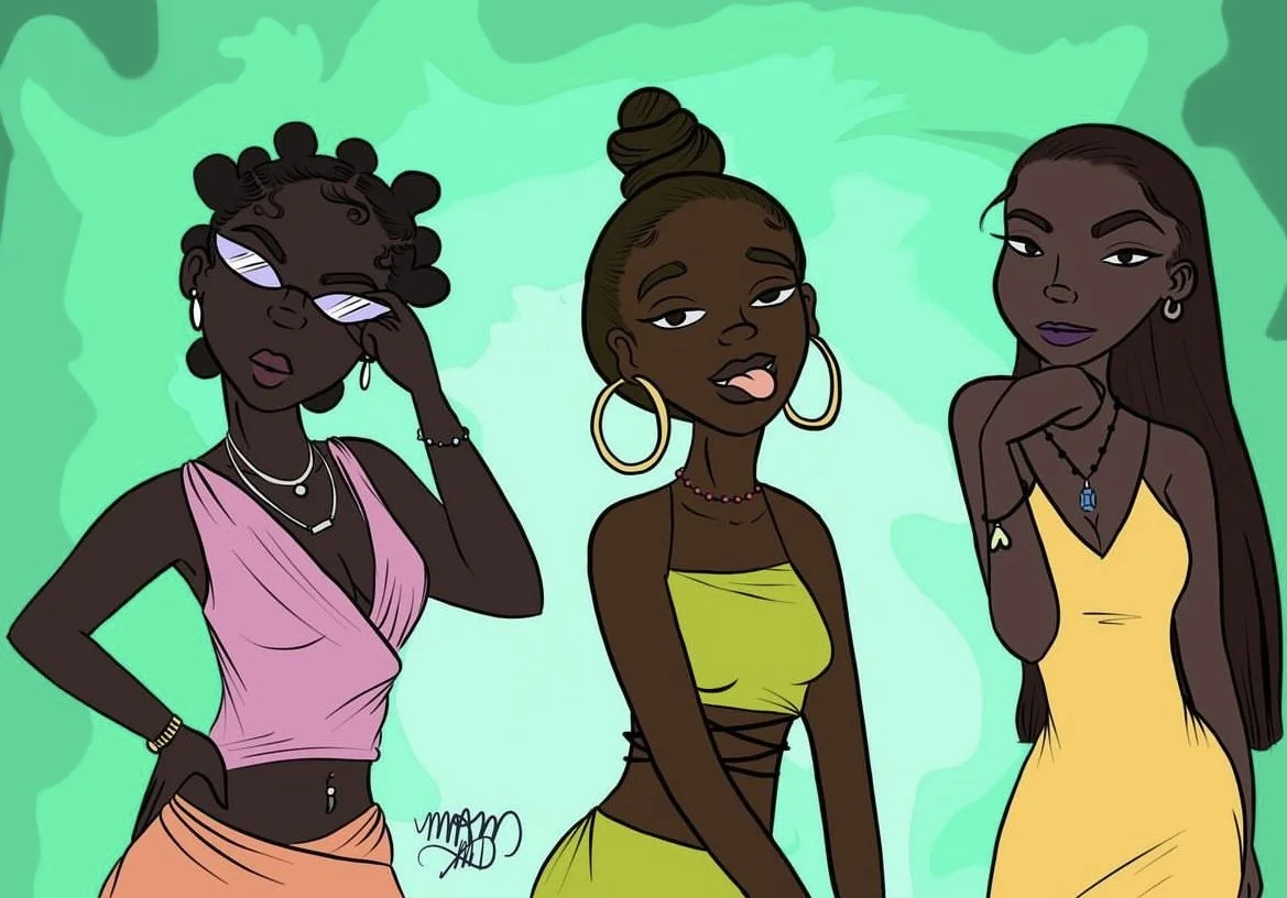 Three young women with dark skin posing in front of a green abstract background. The woman on the left has curly hair styled in bantu knots, wearing sunglasses, jewelry, a purple sleeveless top, and a peach skirt. The center woman has her hair in a h