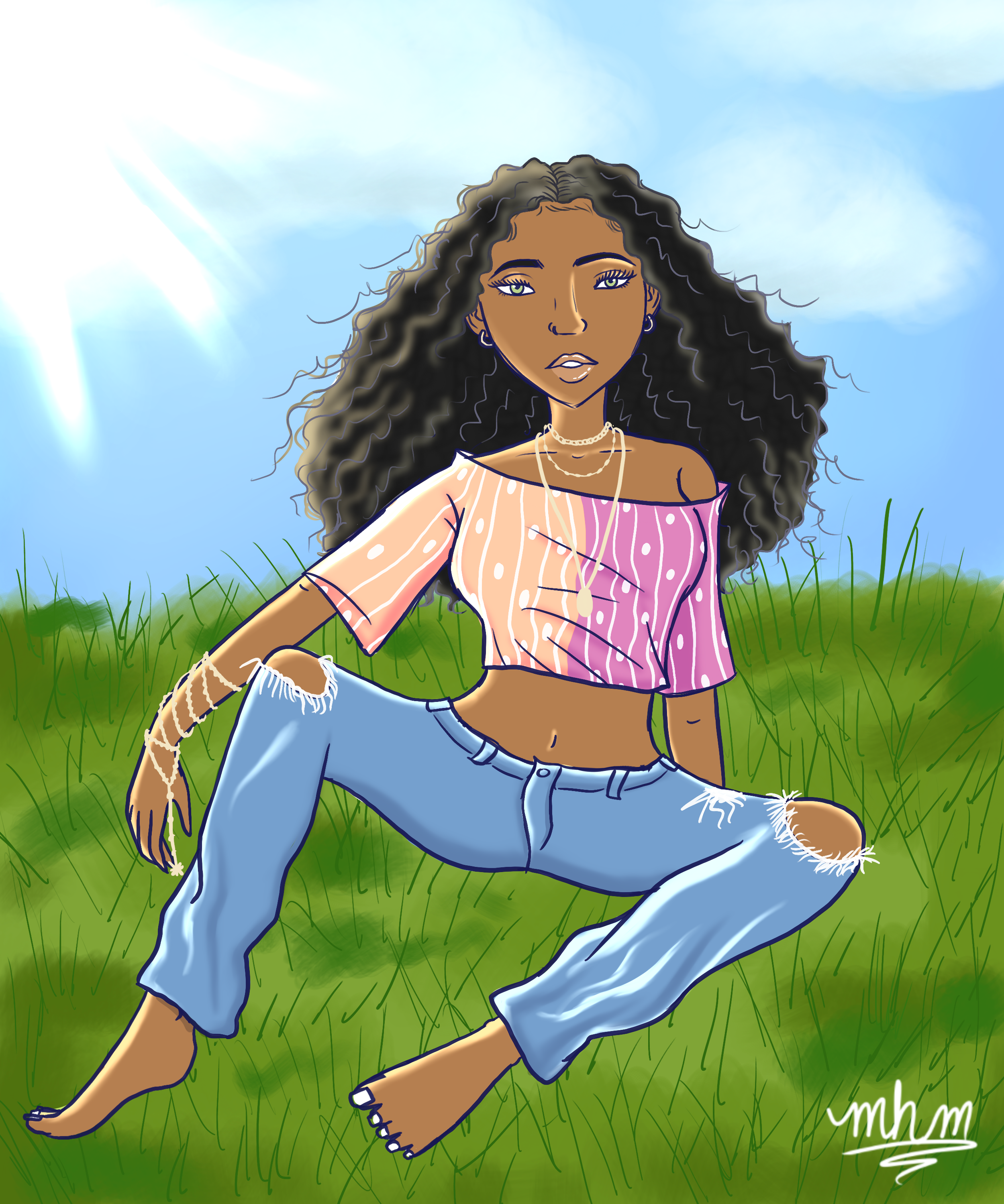 Digital illustration of a woman sitting on green grass under a blue sky with sun shining, wearing a pink and purple off-shoulder top and ripped jeans, with curly black hair and jewelry.
