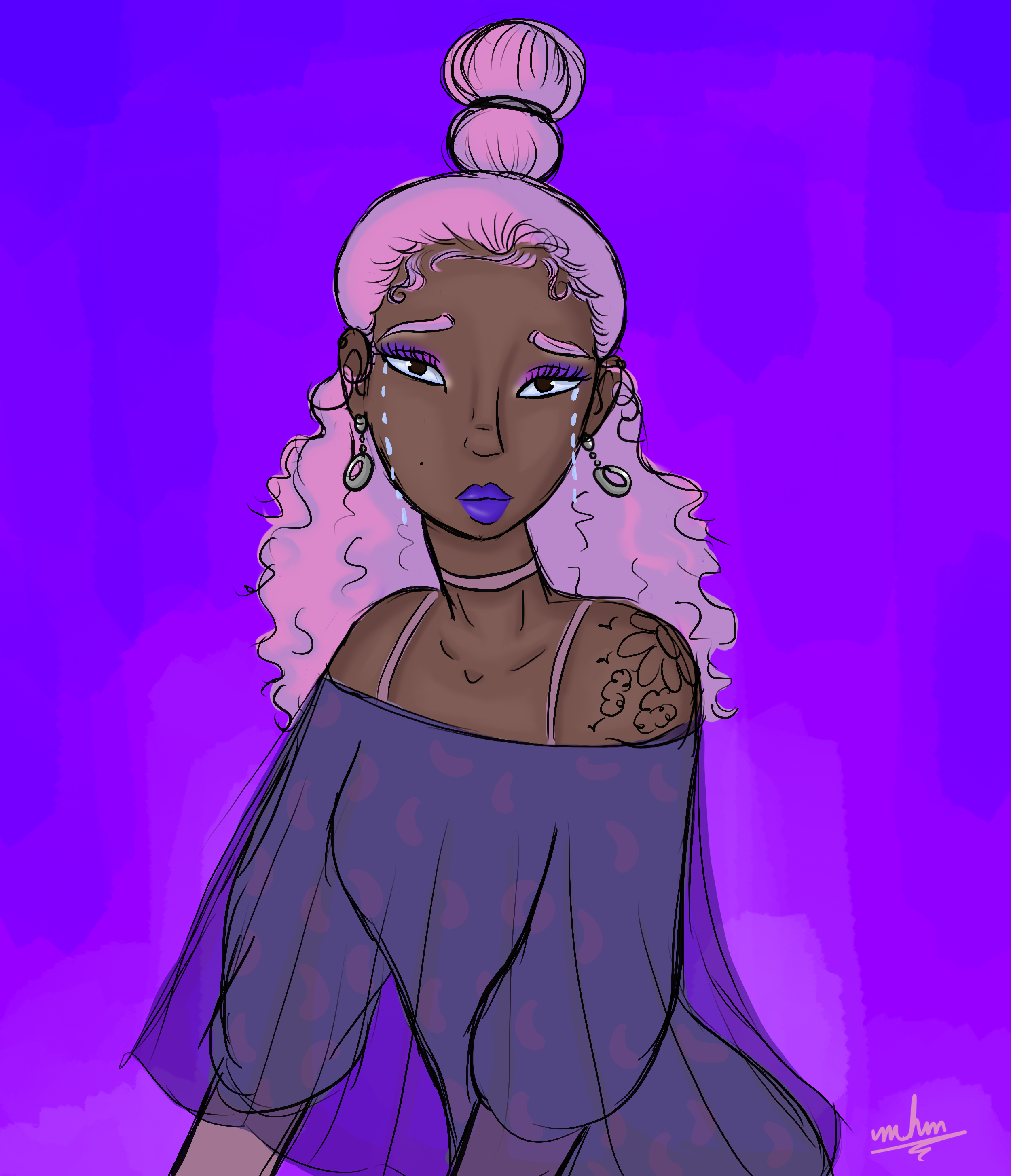 Digital illustration of a woman with dark skin and pink hair styled in a bun and loose curls, wearing an off-shoulder purple dress with animal print, purple lipstick, and earrings, set against a purple background.