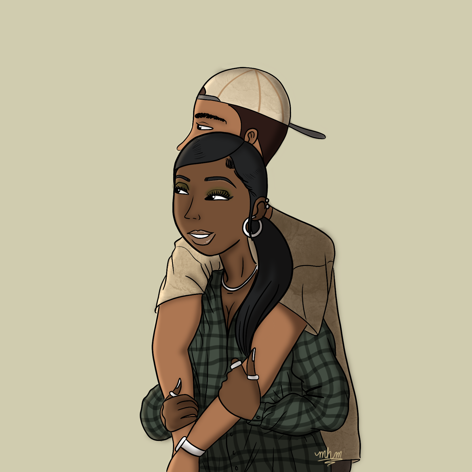 Illustration of a couple hugging, with a woman in a plaid shirt and silver jewelry, and a man wearing a tan jacket and a backward baseball cap.