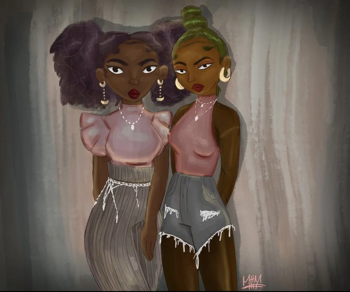 Digital illustration of two stylish Black women standing close together, both wearing pink tops and denim shorts, with bold makeup and accessories, against a neutral background.