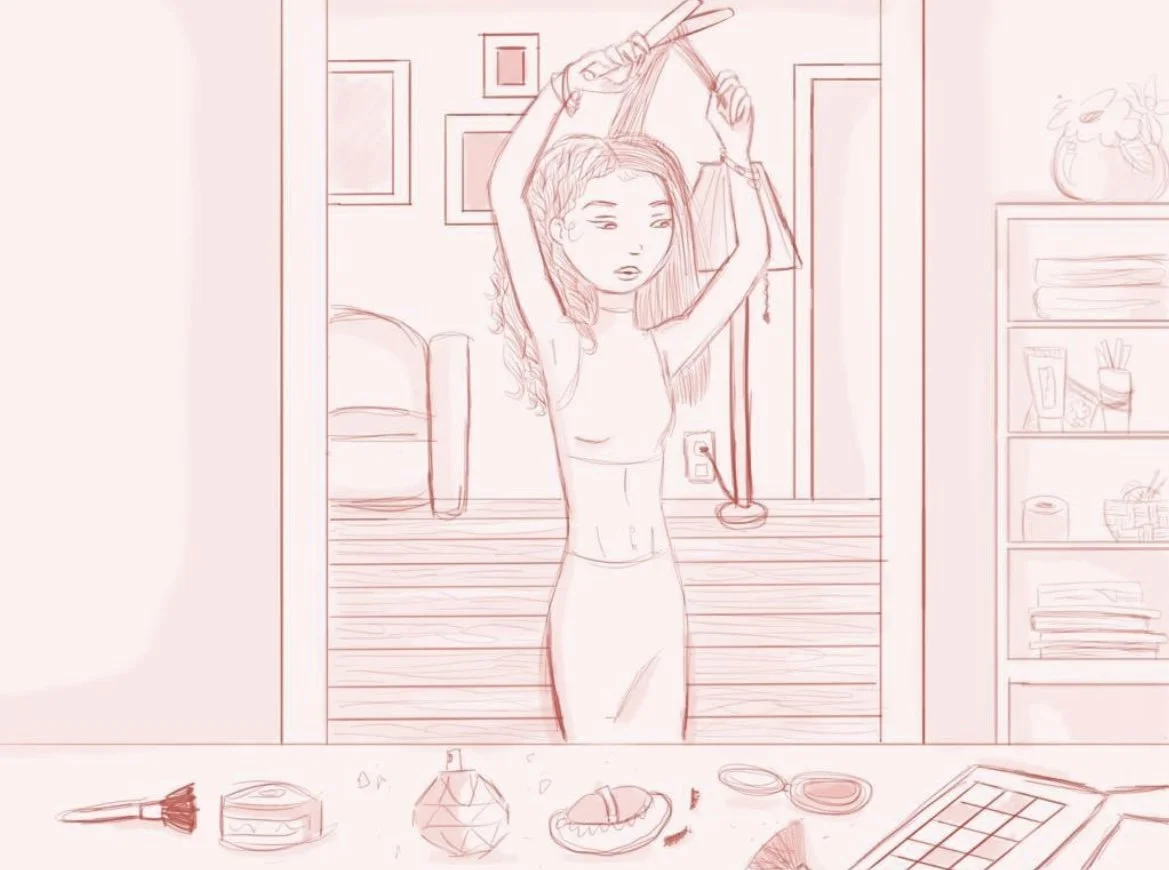 A girl with long hair and a choker is putting on makeup in front of a mirror while holding a makeup brush. The room has a bed, a bookshelf, and a wall with picture frames. Items like a makeup brush, a compact, perfume, and a makeup palette are on the