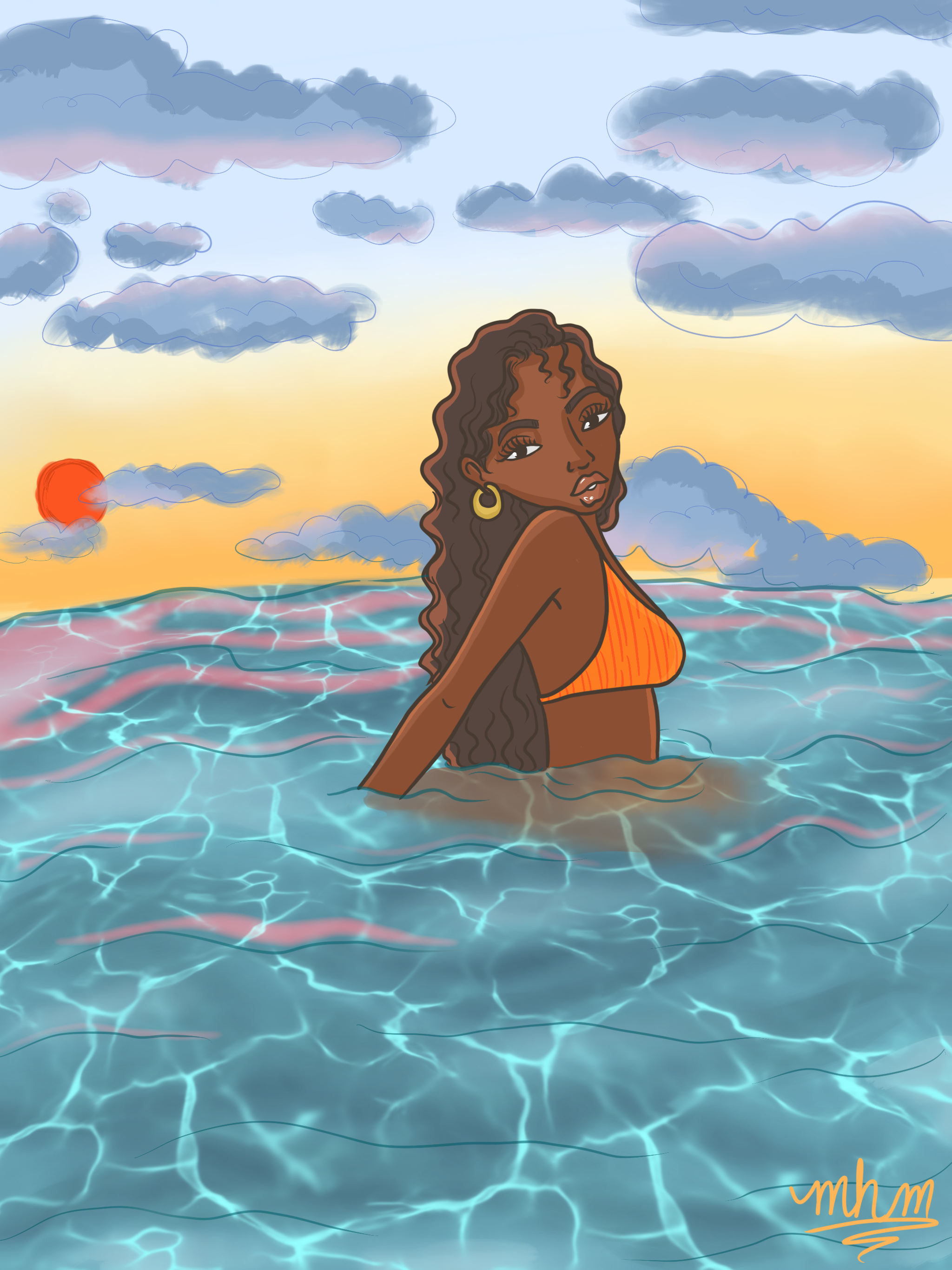 A woman with long wavy hair, wearing an orange top and gold earrings, stands in the ocean at sunset with clouds and a red sun in the sky.
