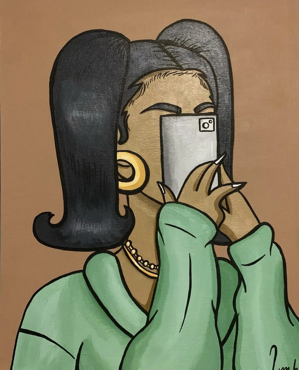 Drawing of a woman with large hoop earrings, gold necklace, black hair, wearing a green top, taking a selfie with a smartphone that covers part of her face.