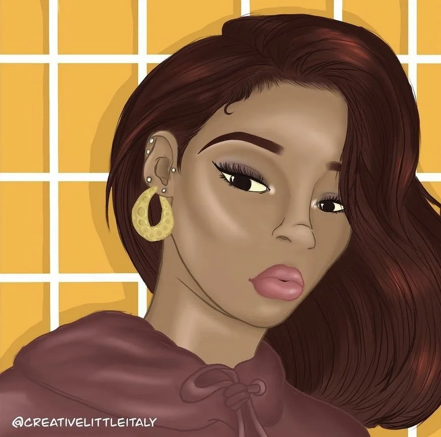 Digital illustration of a woman with straight, long, reddish-brown hair, wearing large gold hoop earrings, with a serious expression, against a yellow grid background.