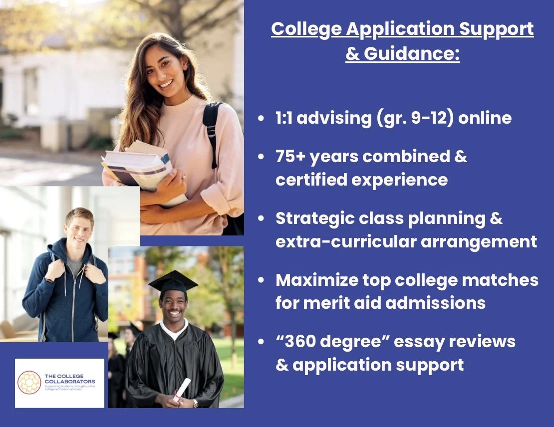 Information about college application support and guidance, including online advising, experience, strategic planning, college matches, and essay reviews, with pictures of diverse students.