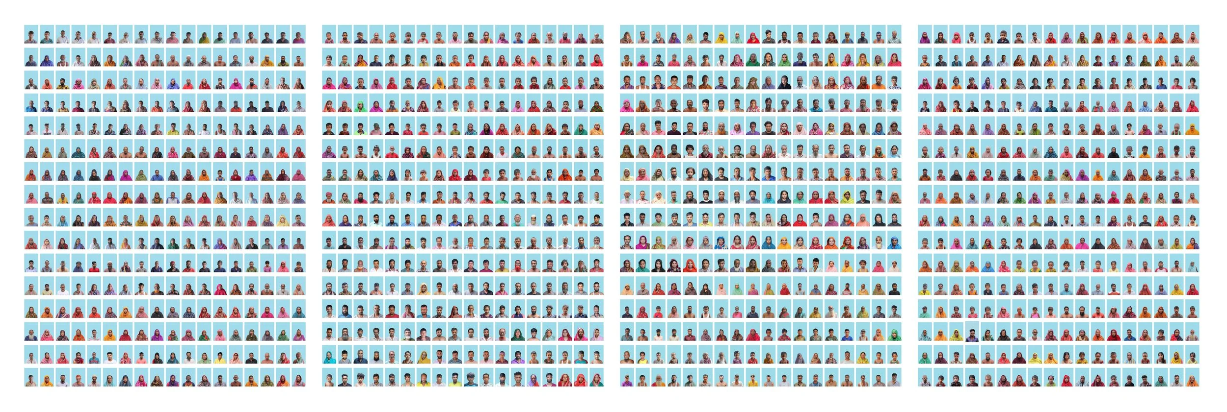 Portraits of climate migrants that resemble identification cards and passports, which are important for migrants who have lost their hometowns, communities, or families.
This large number of portraits depicts the faces of climate migrants, who exist 