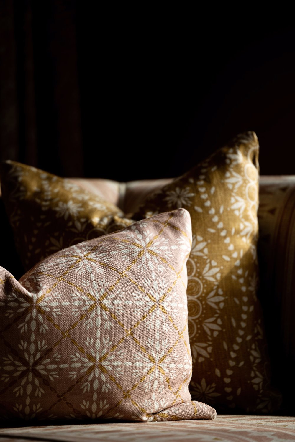 Two cushions covered with fabric from the Aventuras Collection by designer Zoe Glencross.jpg