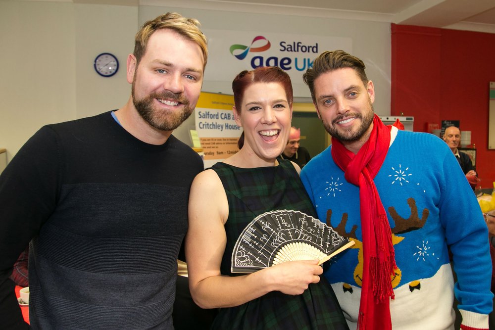 Brian McFadden and Keith Duffy at Age UK charity event with singer Lucy Barlow.jpg
