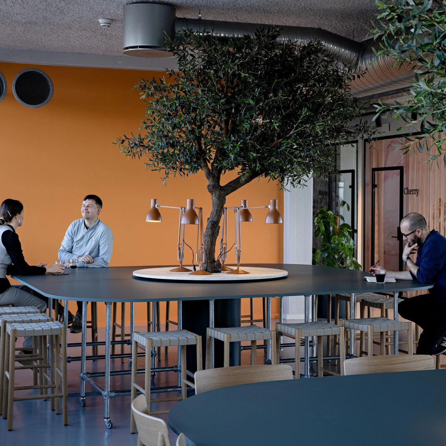 Et nyt projekt er afsluttet, og vi har f&aring;et friske billeder hjem! Her kantinen, en kombination af orange v&aelig;gge, oliventr&aelig;er og st&aring;l-rulleborde. 

Se hele casen p&aring; vores hjemmeside. 
Link i bio!