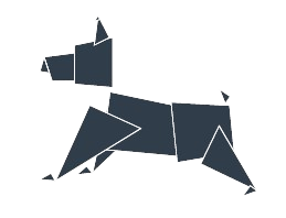 En papirtegnet silhuet af en hund lavet af geometriske former.