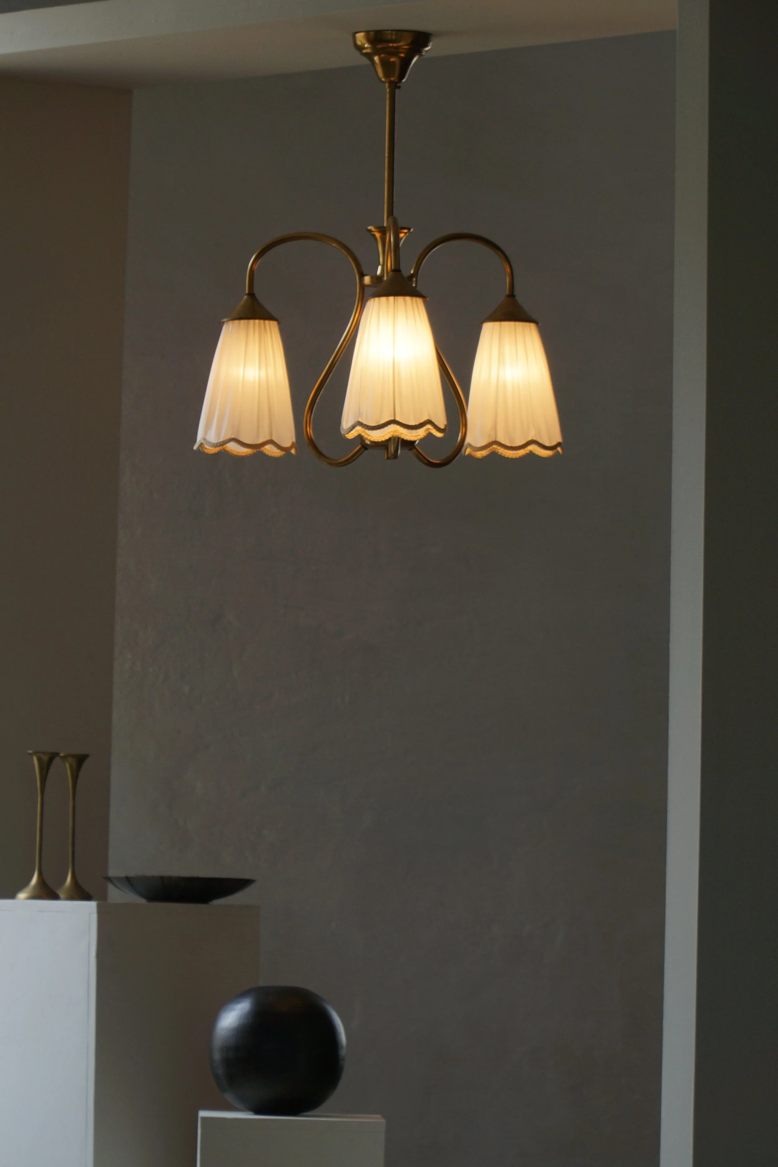 Art Nouveau, Brass Chandelier with Figural Detail and Pleated Shades, 1940s