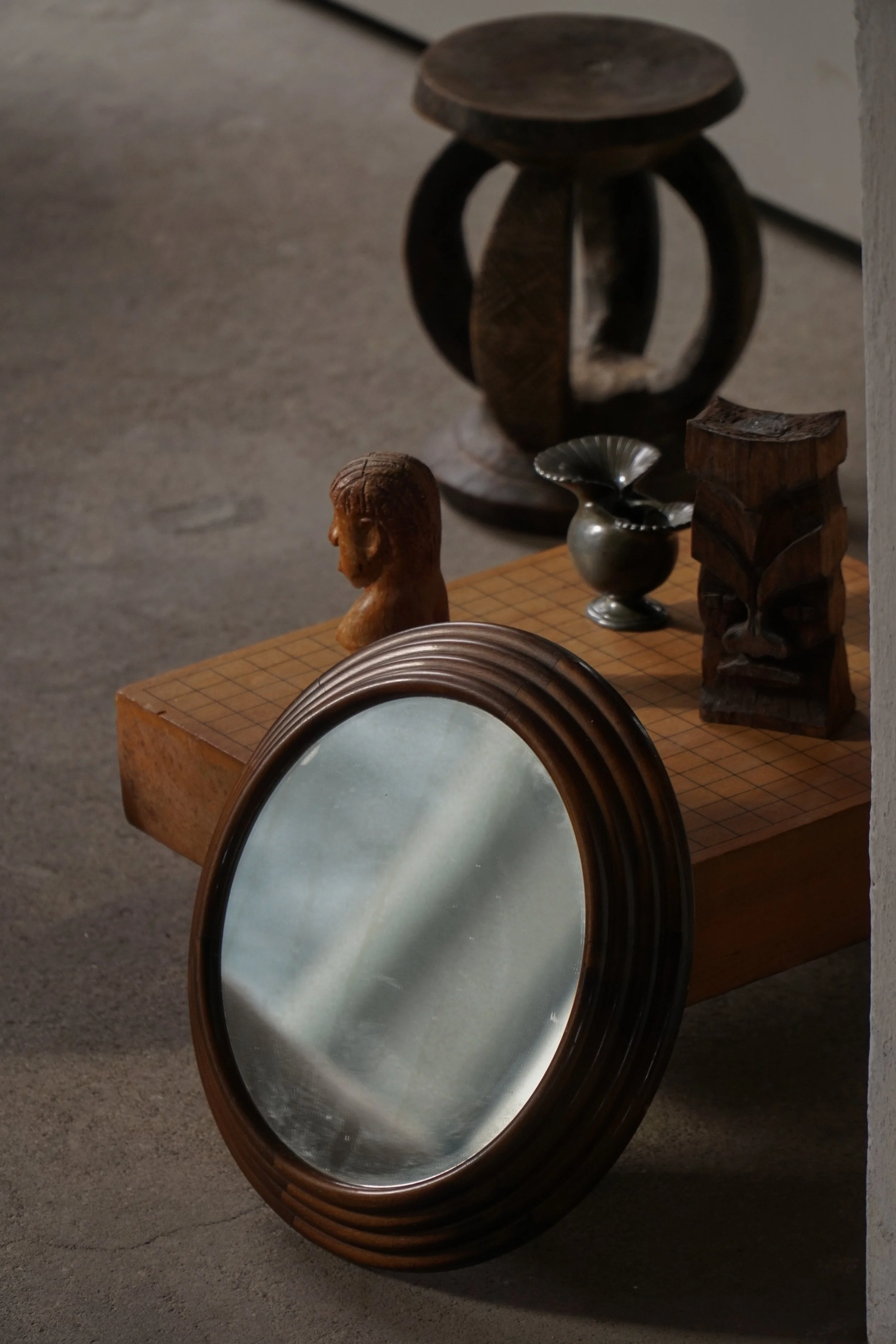 Mid-20th Century, Round Wooden Decorative Wall Mirror, Carved Frame, 1950s