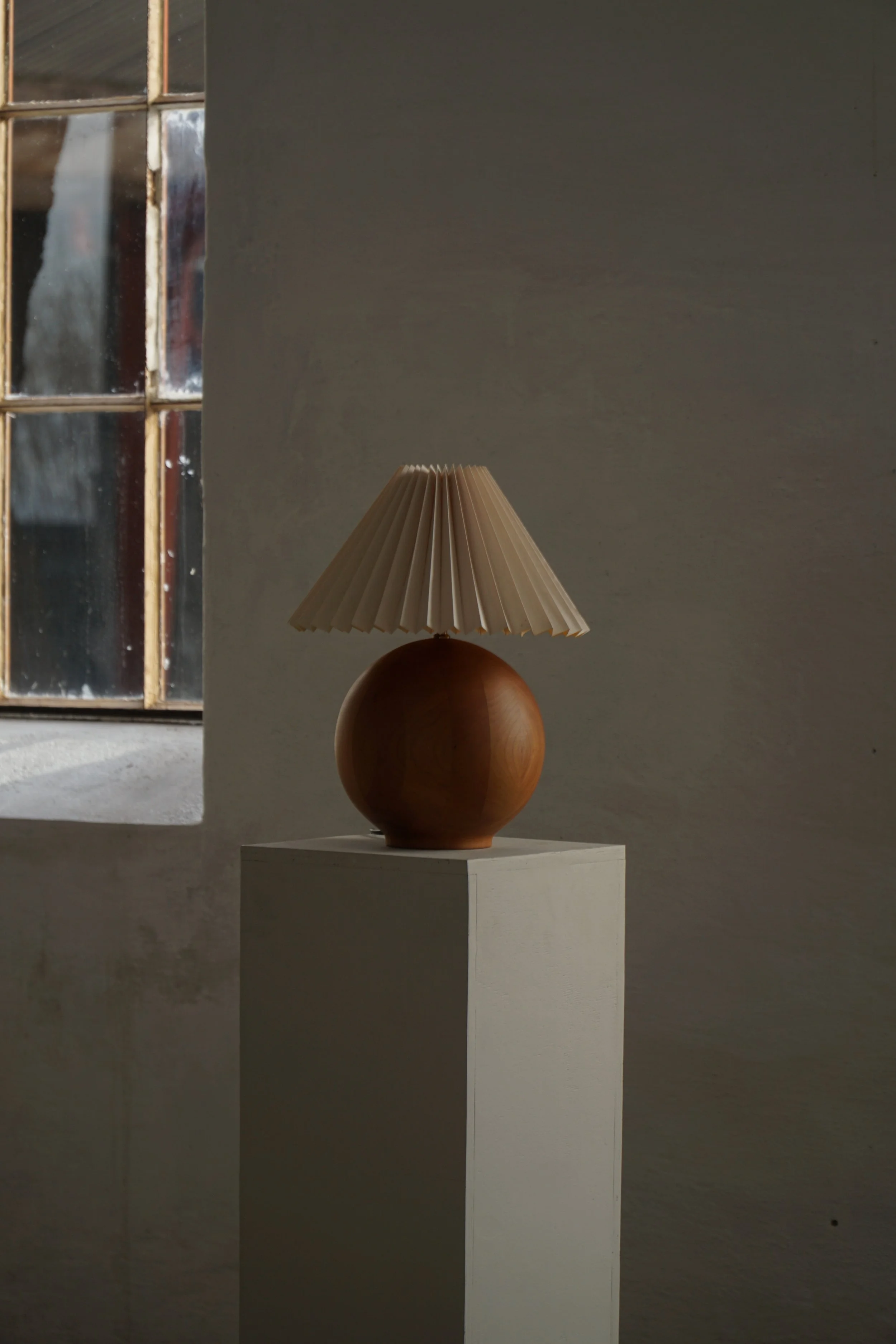A Round Wooden Table Lamp, Danish Modern, Solid Cherry Wood, 1980s