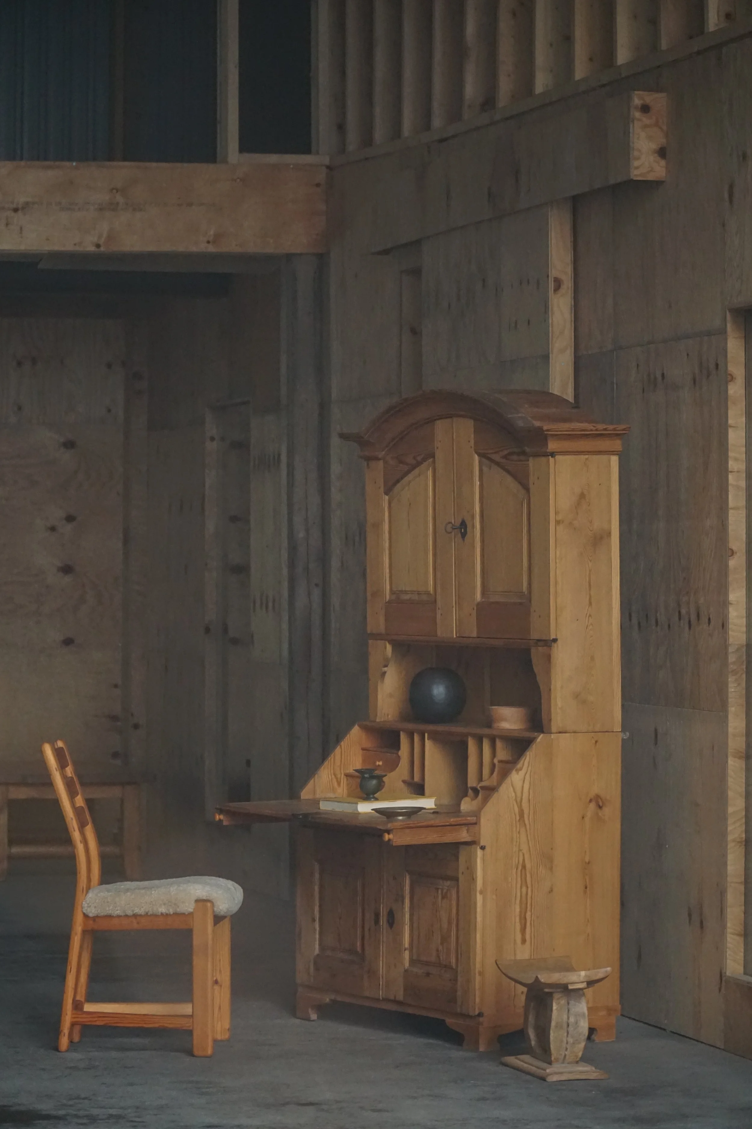 Antique Danish Pine Drop-Front Secretary with Upper Cabinet, Mid 19th Century