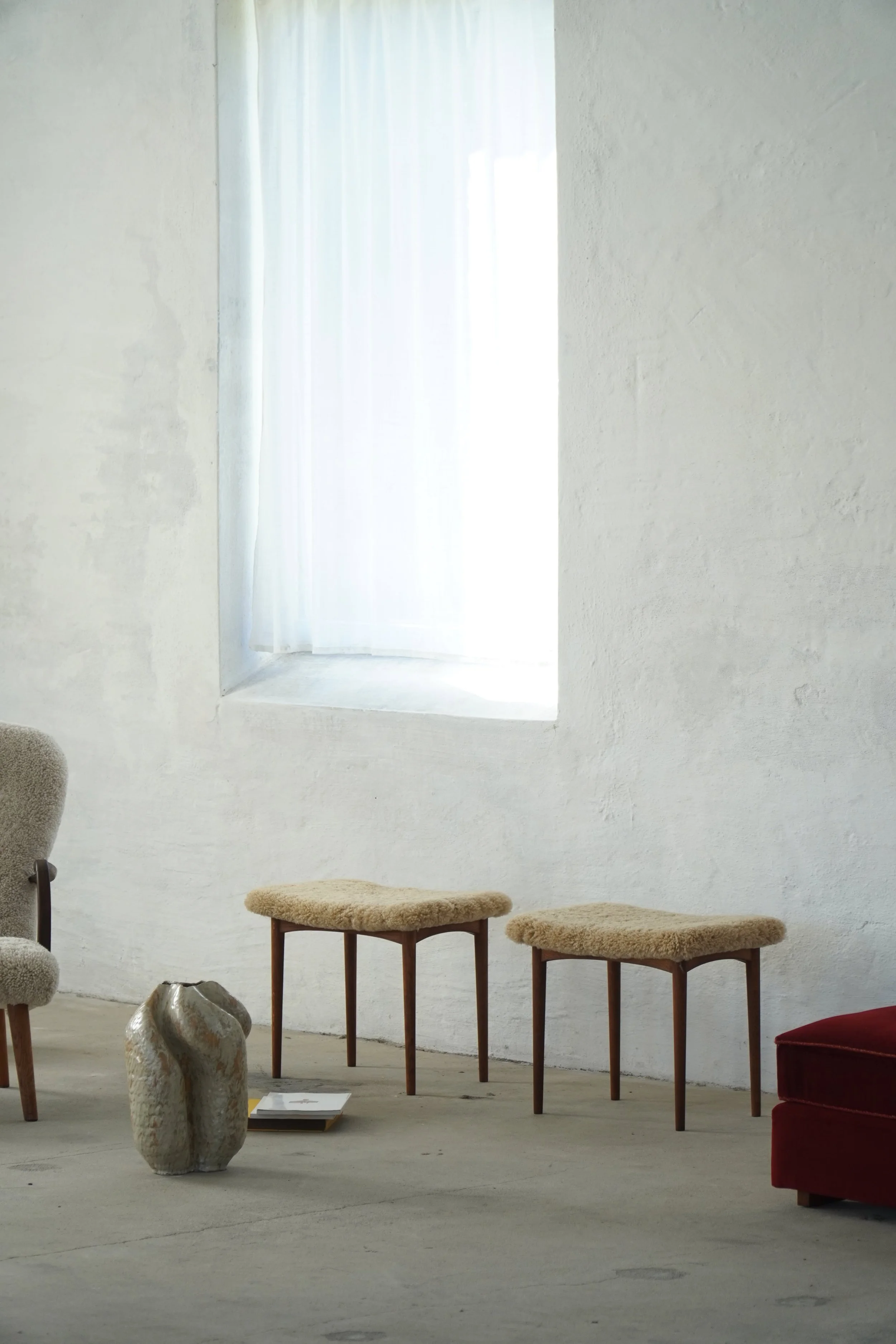 Pair of Danish Mid-Century Modern Stools in Oak & Lambswool, 1960s