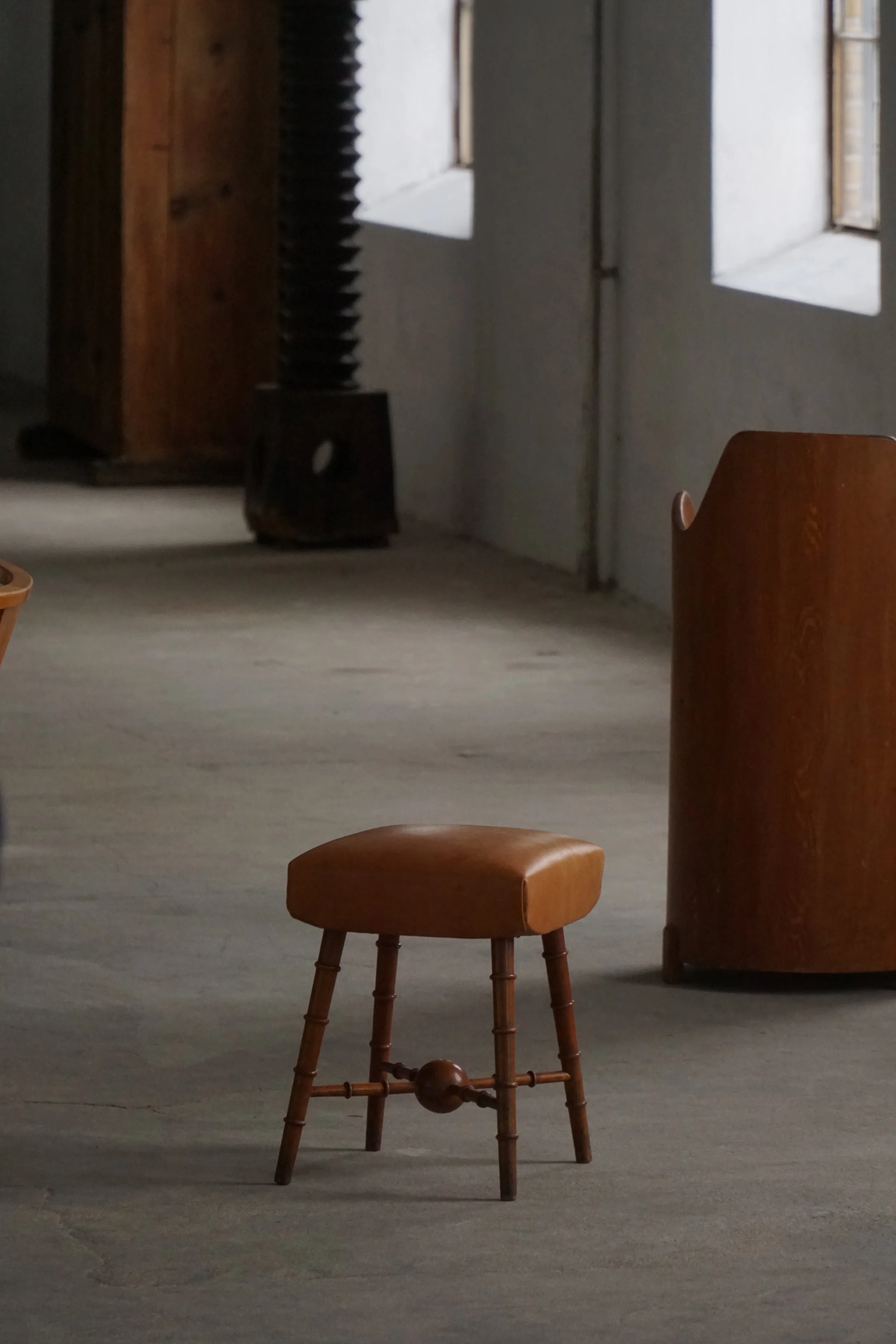 Mid 20th Century, Turned Wood Stool with Leather Seat, Danish Modern