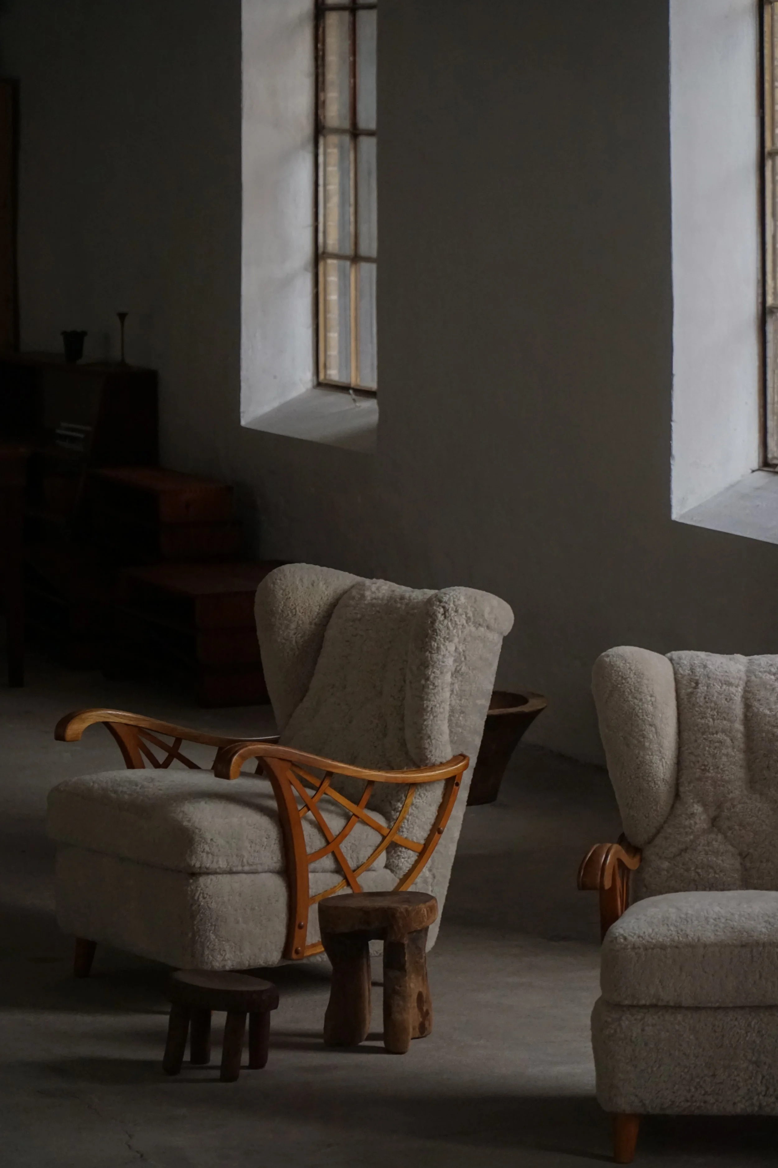 Pair of Swedish Modern Lounge Chairs, Shearling Lambswool & Elm, 1940s