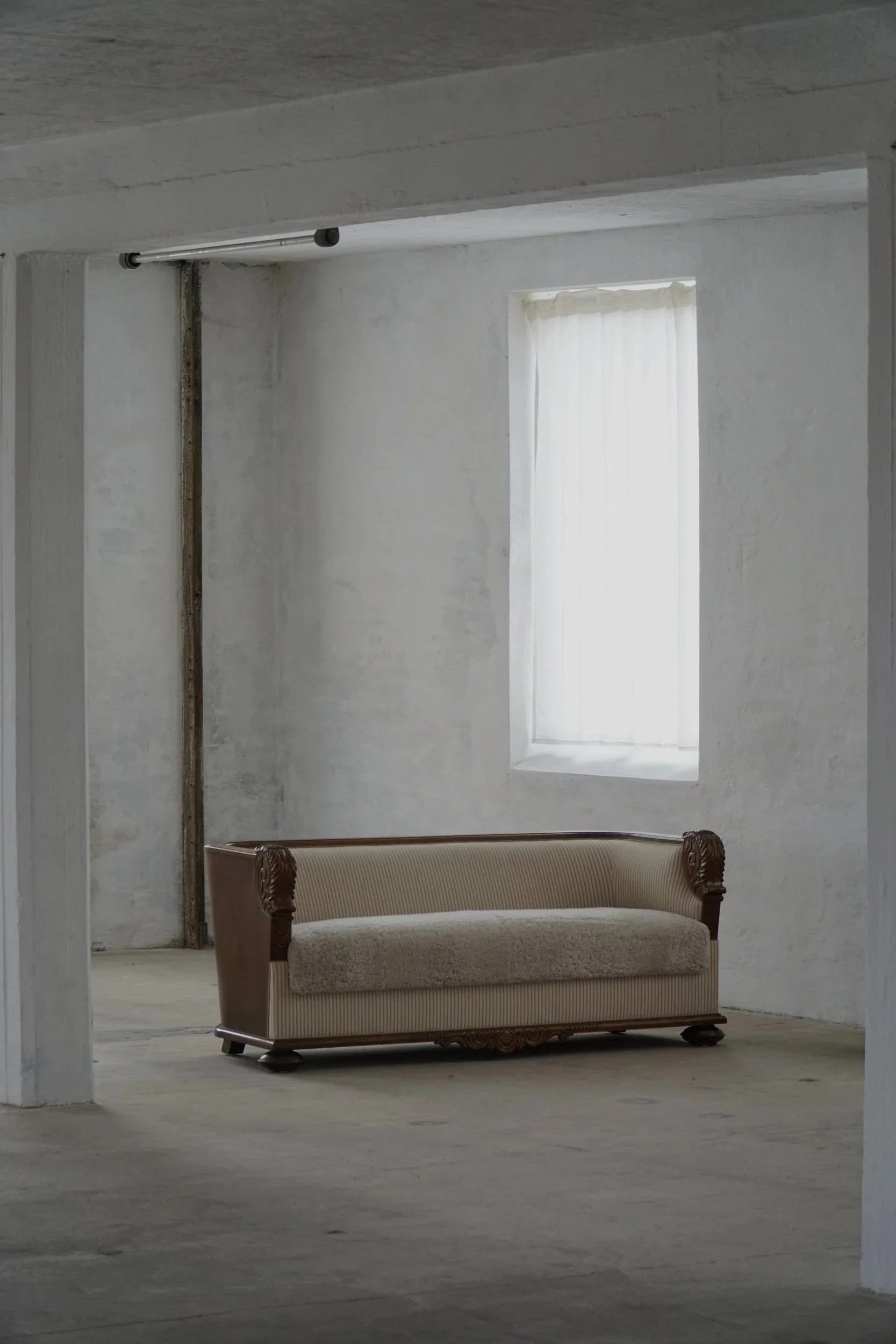 Antique Empire Style Sofa, Oak Wood with Striped & Lamswool Upholstery, 1850s