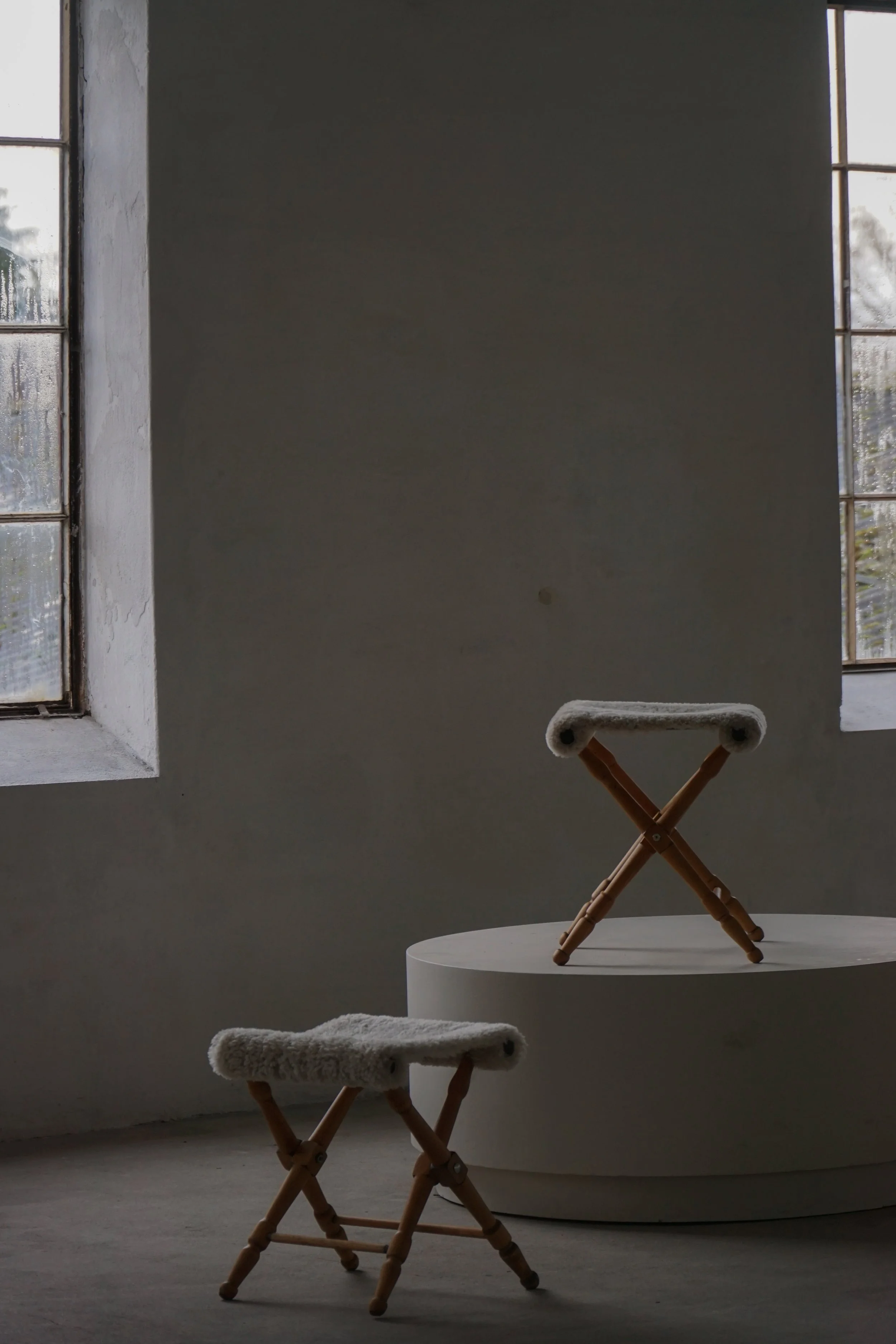 Pair of Danish Mid-Century Modern Folding Stools with Sheepskin Upholstery, 1960