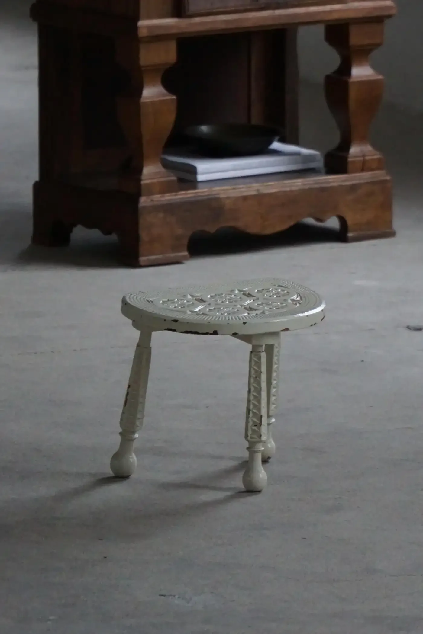 Early Danish 20th Century, Wooden Tripod Stool with Carved Details, 1930s