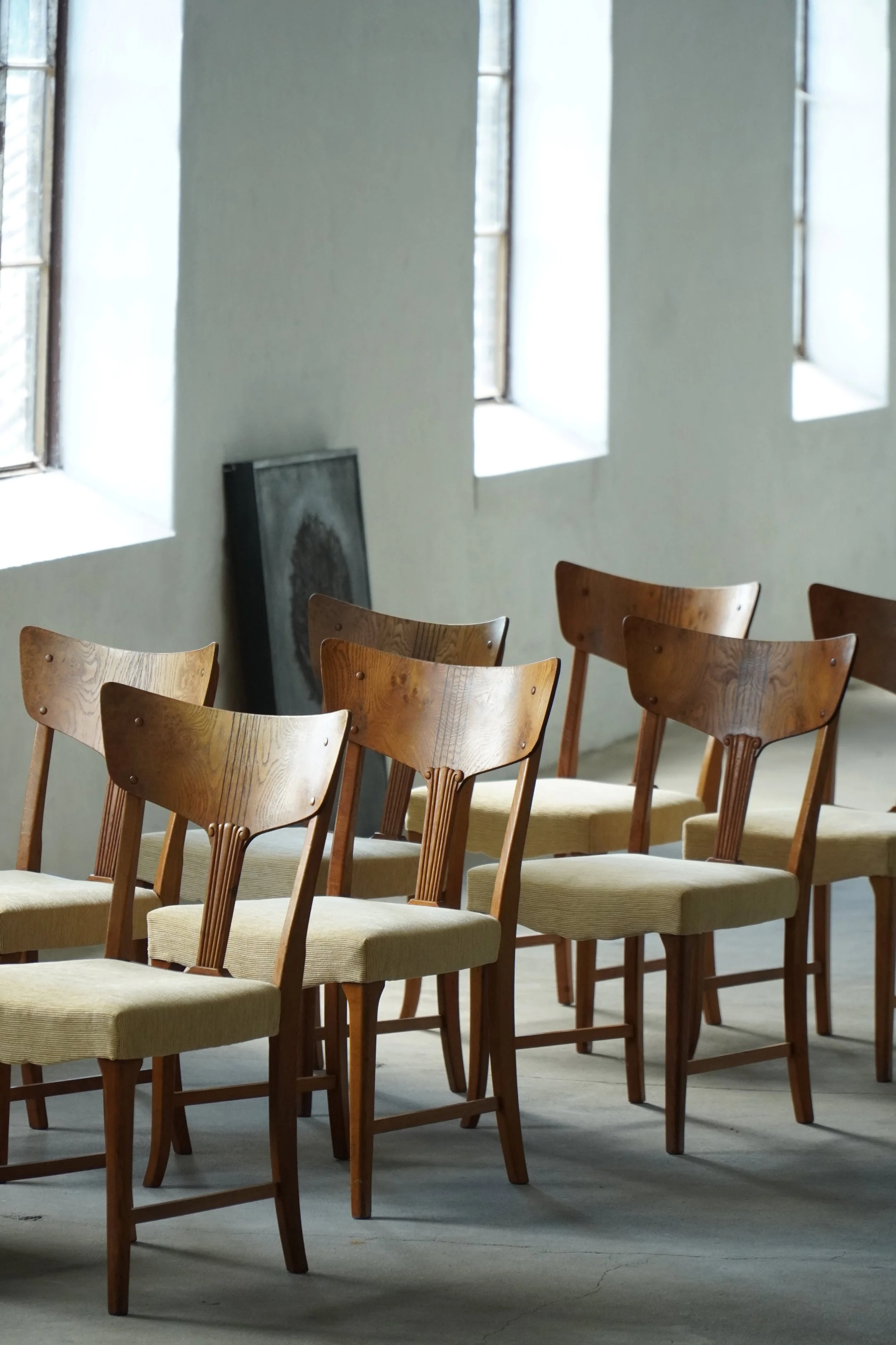 Early 20th Century, Set of 8 Danish Art Nouveau Dining Chairs, Burl & Velvet
