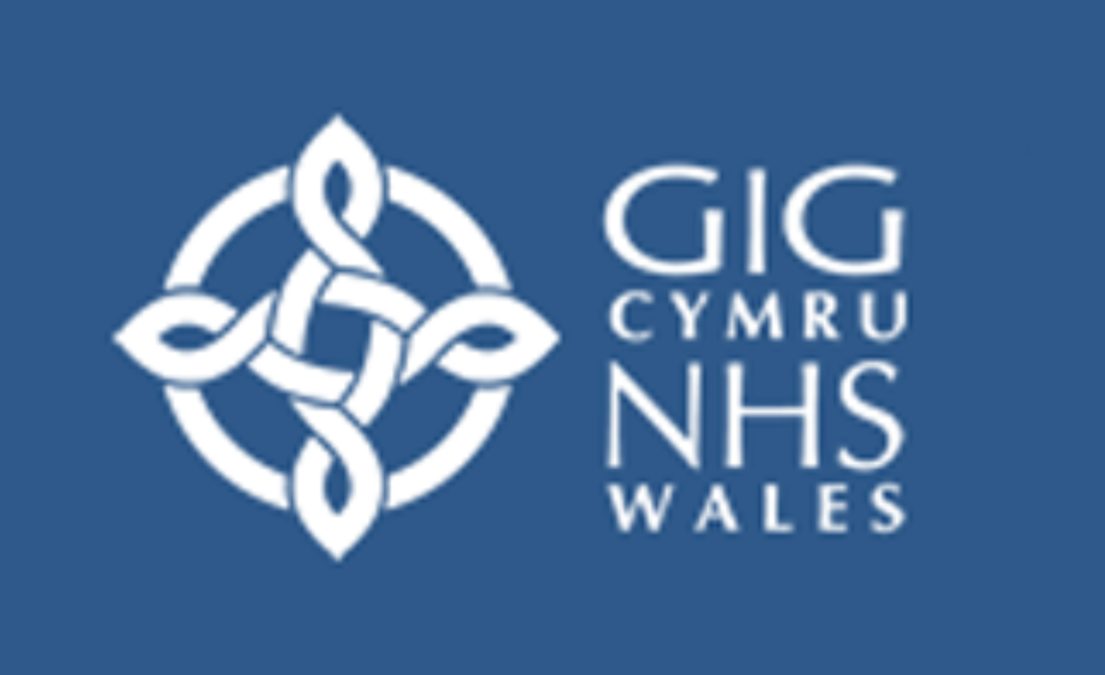 The logo of GIG Cymru NHS Wales featuring a Celtic knot design and the text 'GIG Cymru NHS Wales' in white on a blue background.