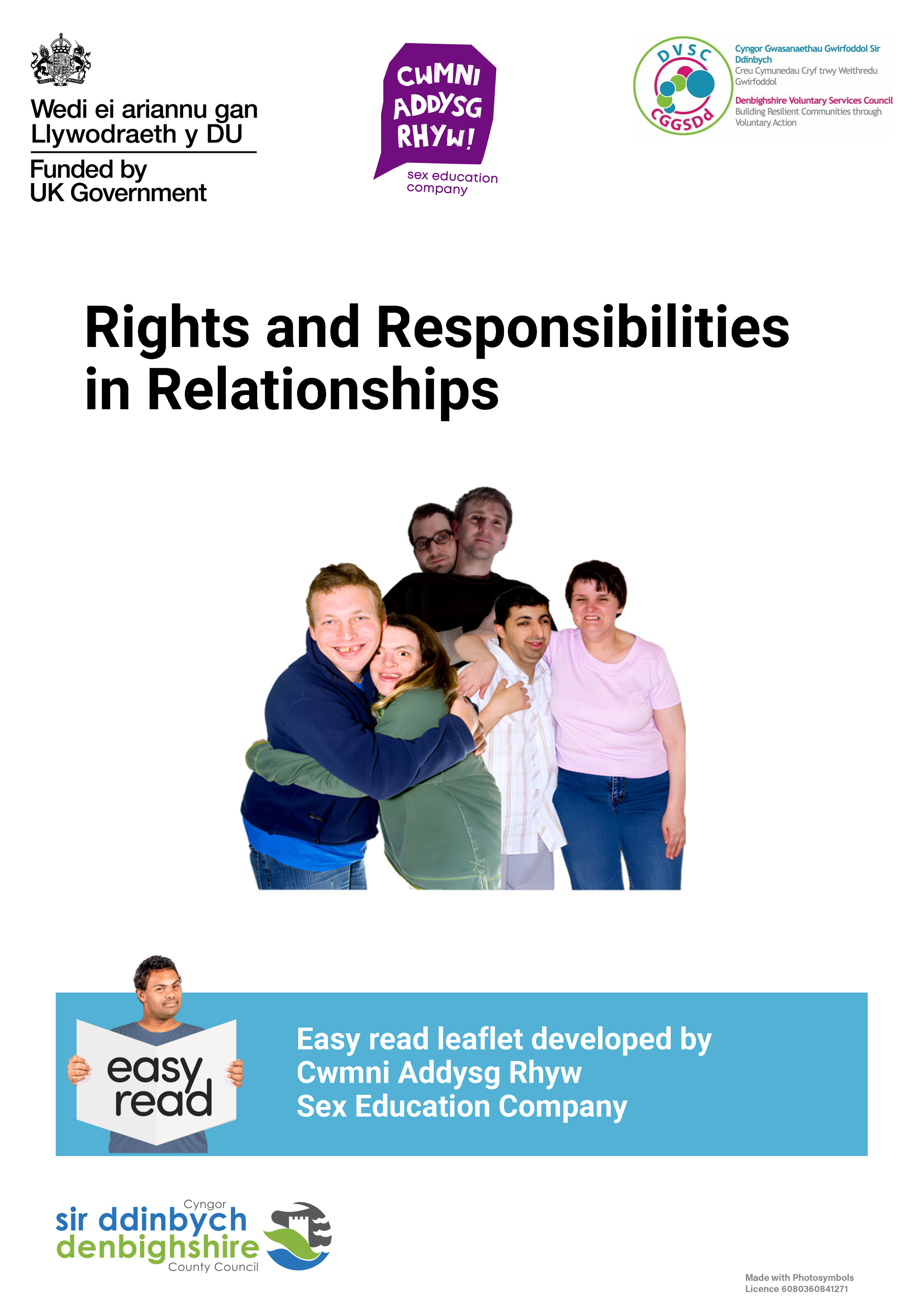 Cover page of an educational leaflet titled 'Rights and Responsibilities in Relationships,' featuring a diverse group of seven young people embracing and standing together, with logos of UK government, Cymru Addysg Rhyw, and Denbighshire County Council, and an icon of a person holding a sign that says 'easy read'.