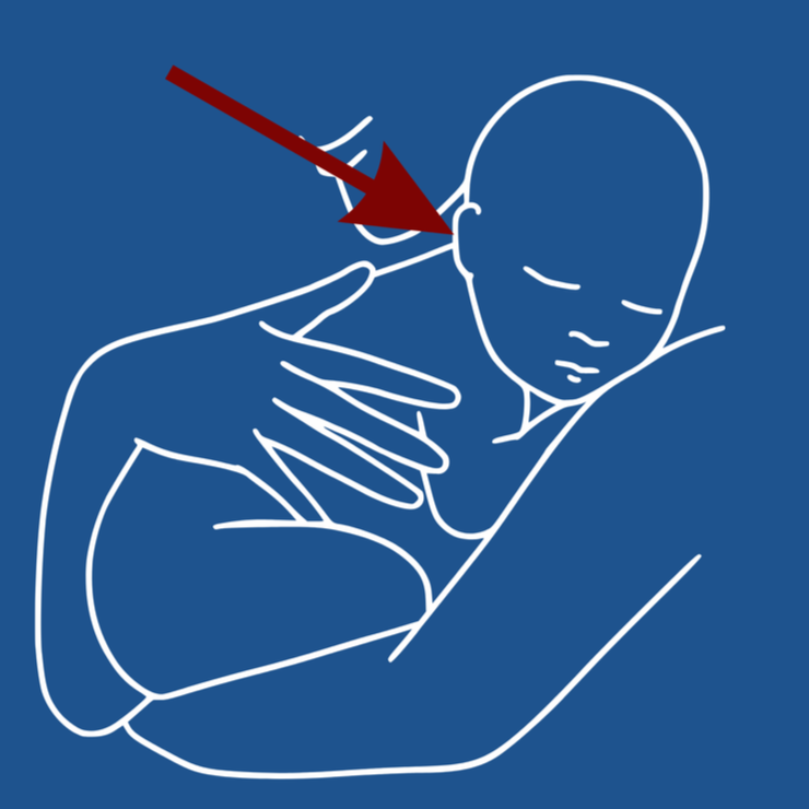 Line drawing of a person using a hearing aid in their ear, with a red arrow pointing to the device.