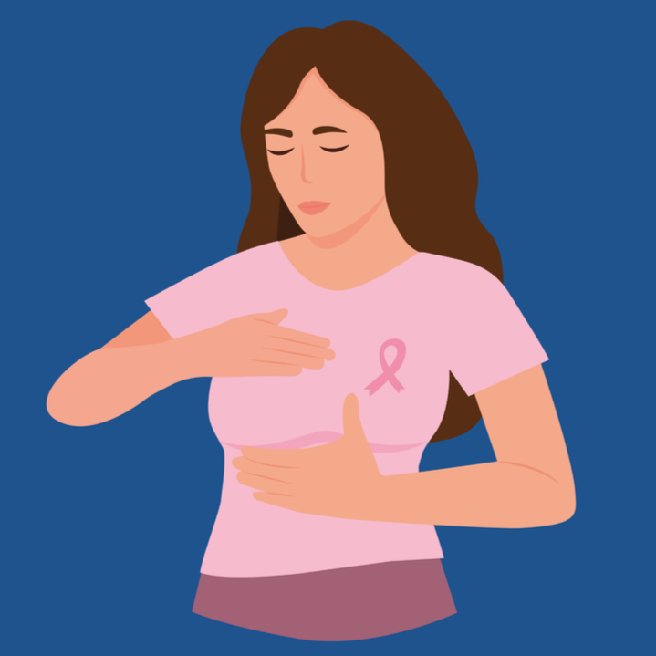 Illustration of a woman with long brown hair wearing a pink breast cancer awareness t-shirt with a pink ribbon, holding her hand over her chest and stomach.