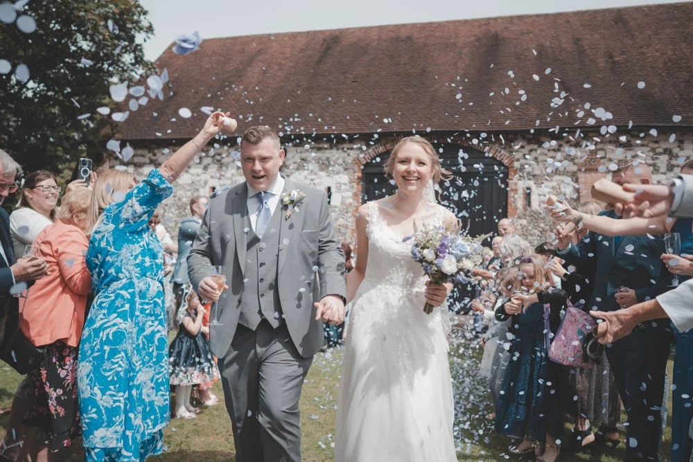 Confetti exit at Monks Barn, Hurley, UK
