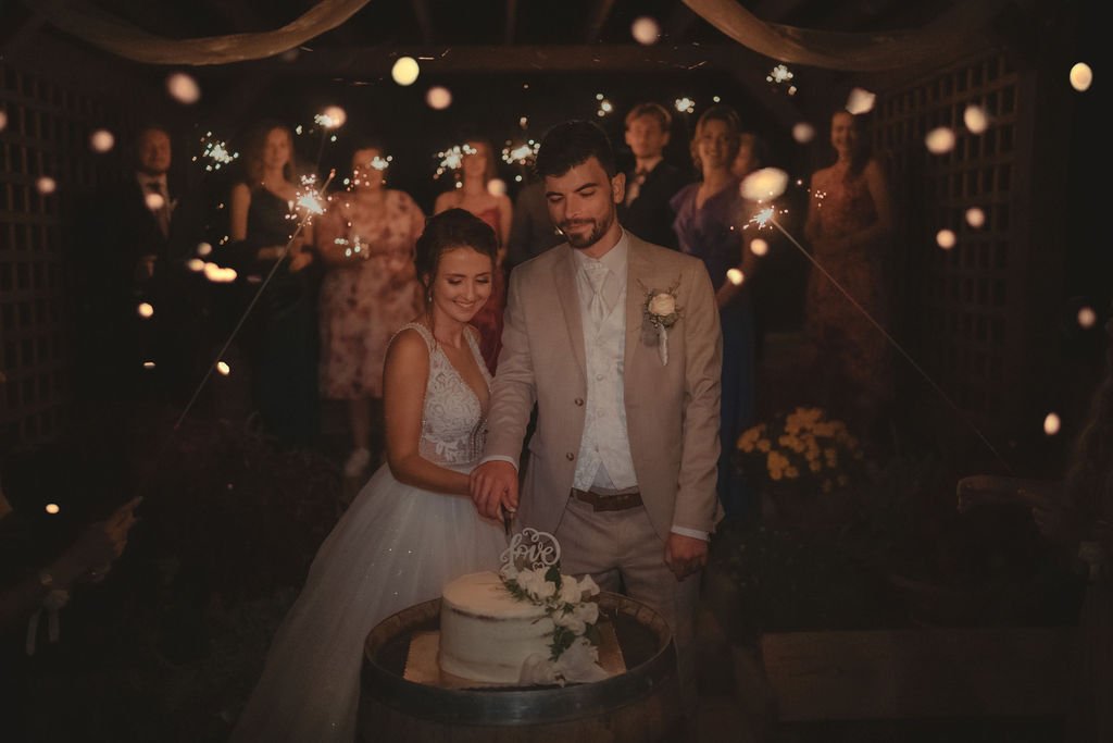 Bride and groom cutting the cake surrounded by guests with sparkles on wedding day