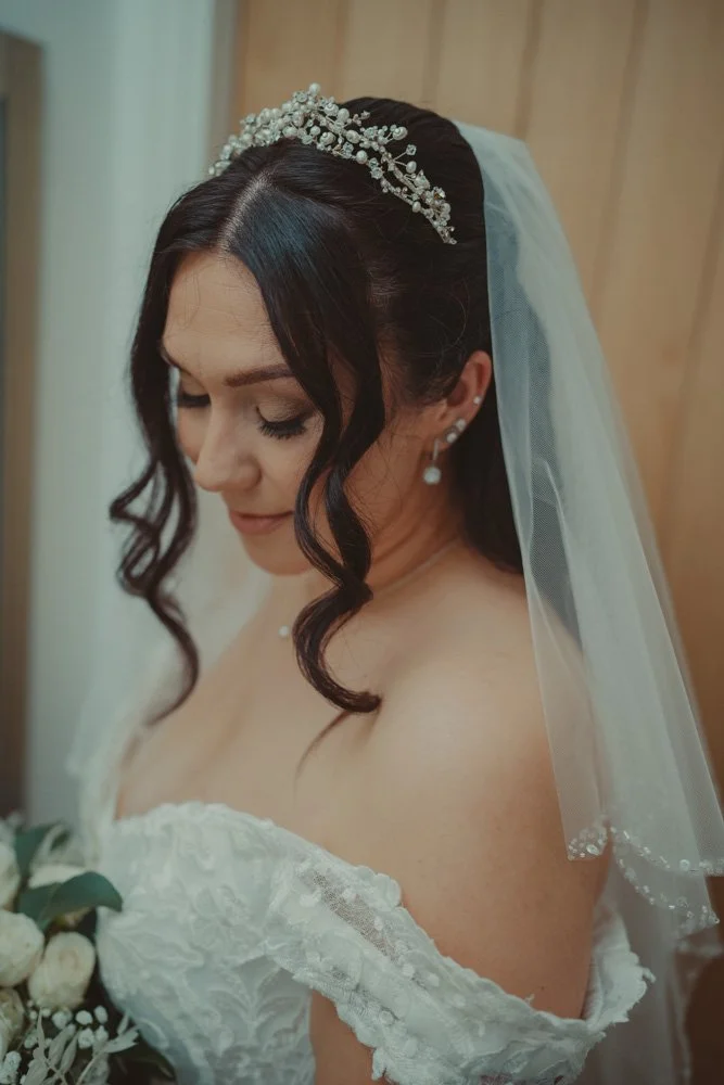 Portrait of a bride wearing a tiara, in Swadlincote, UK