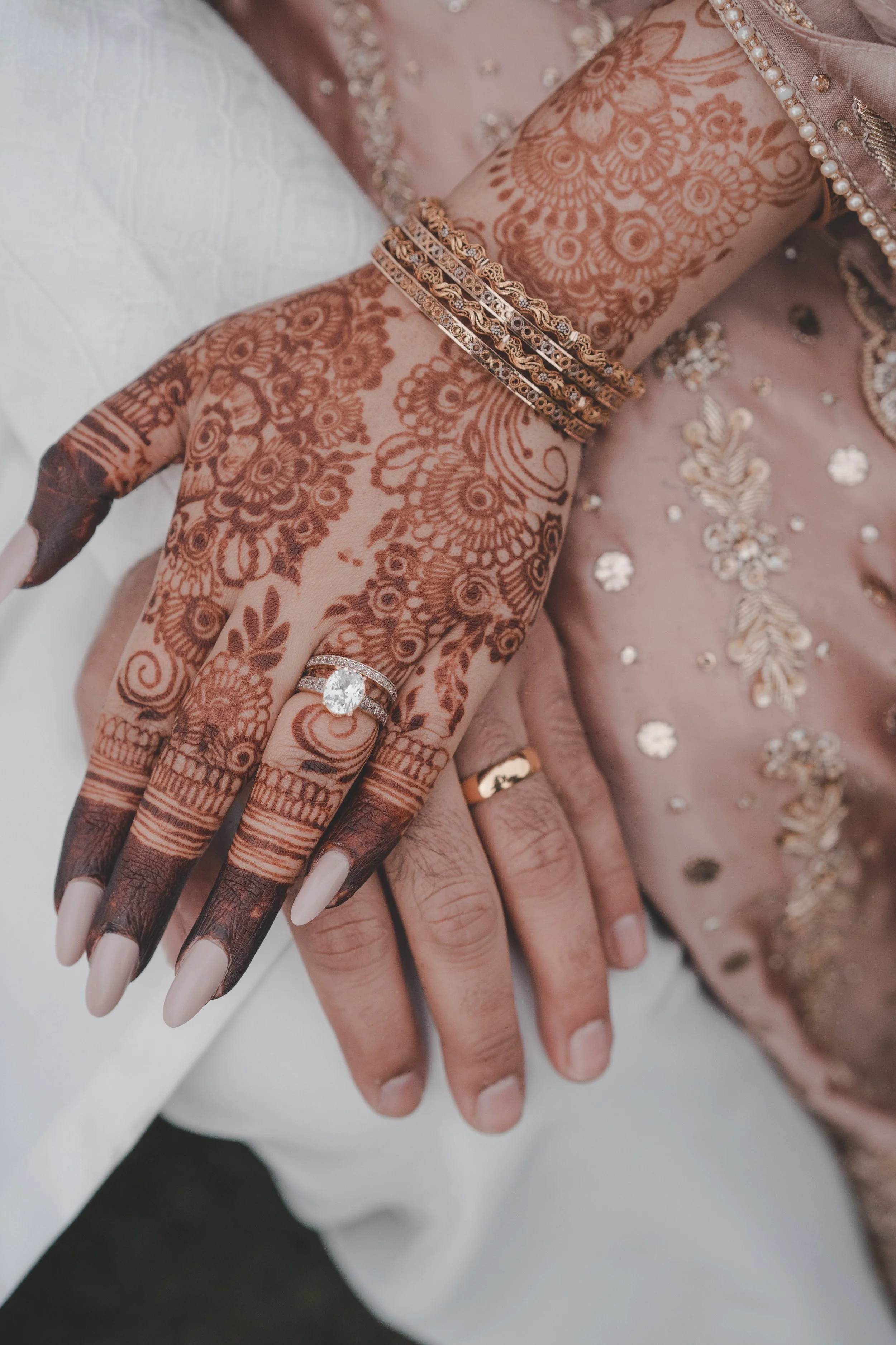 Details of wedding rings and henna tattoo 