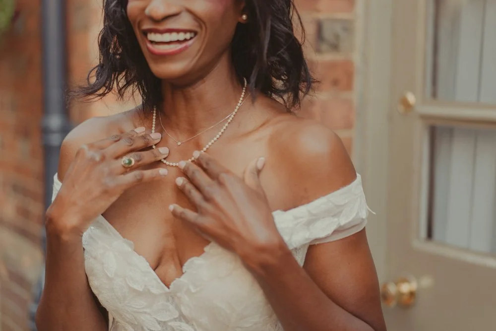 Details of Engagement ring and necklace on bride, in Drayton, Oxfordshire