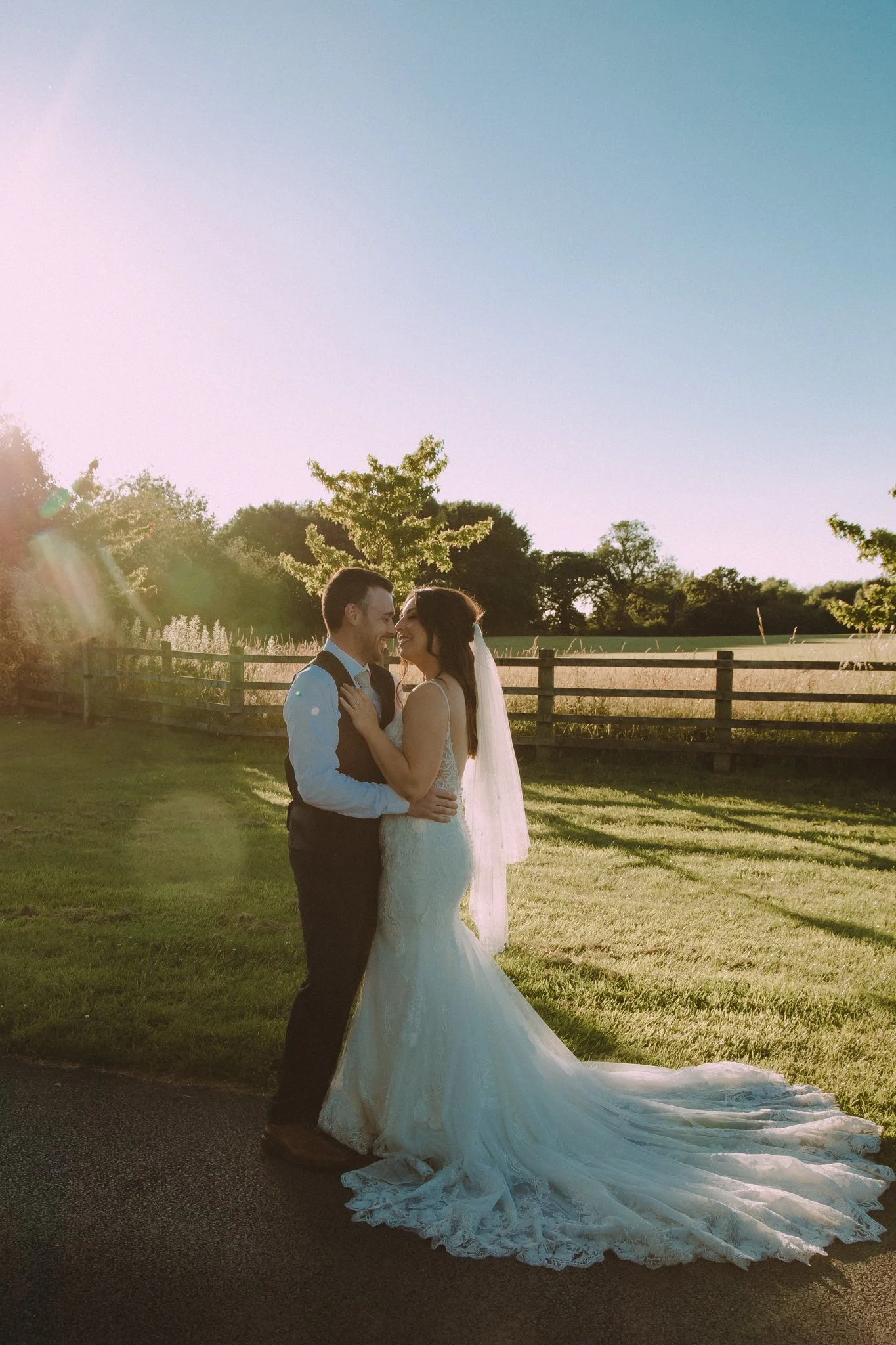 Outdoor photoshoot with the bride and groom on their wedding day