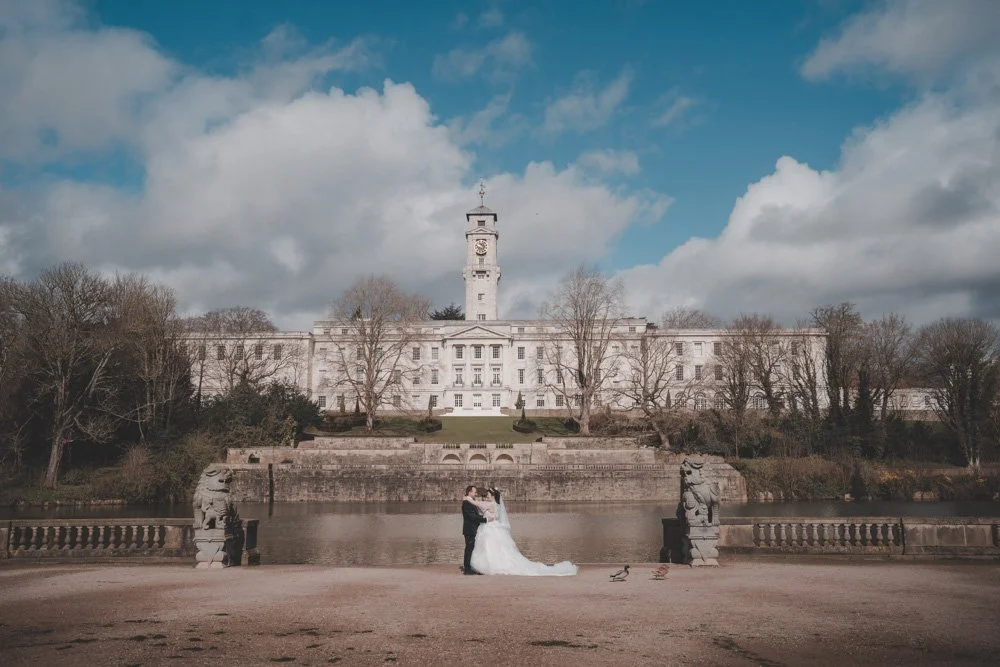 Bride and groom during a photo session on their wedding day at Nottingham University