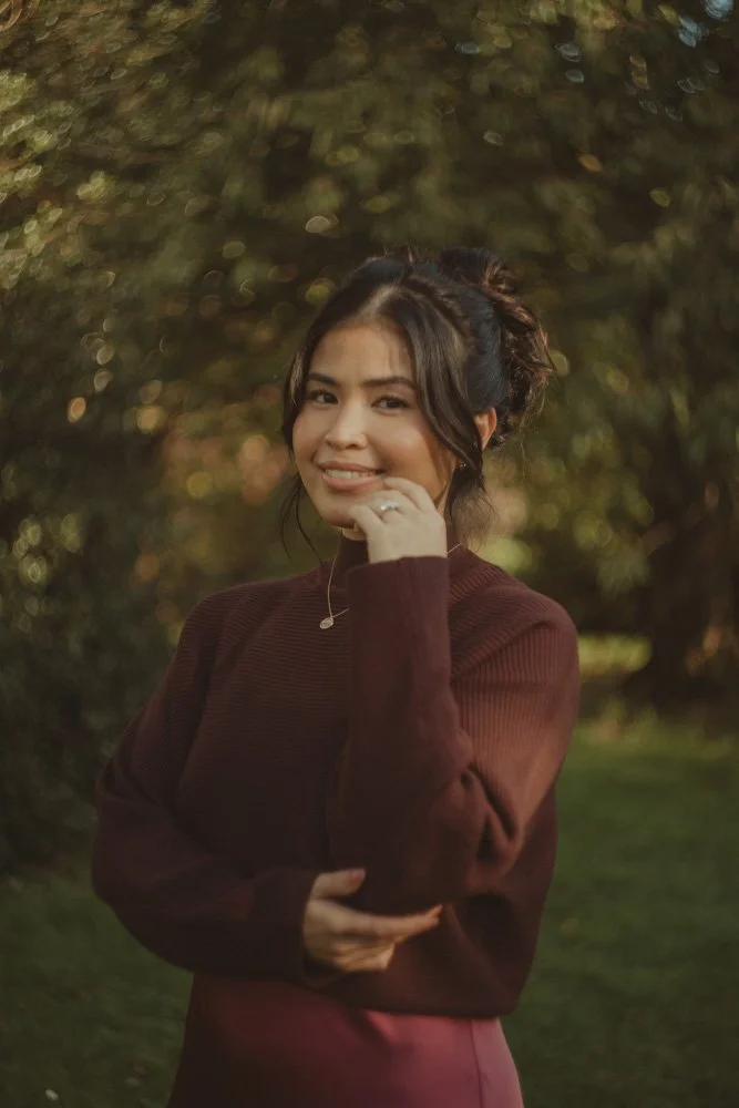 Portrait of a young woman, in sunset light, at a pre-wedding session in Regent's Park, London