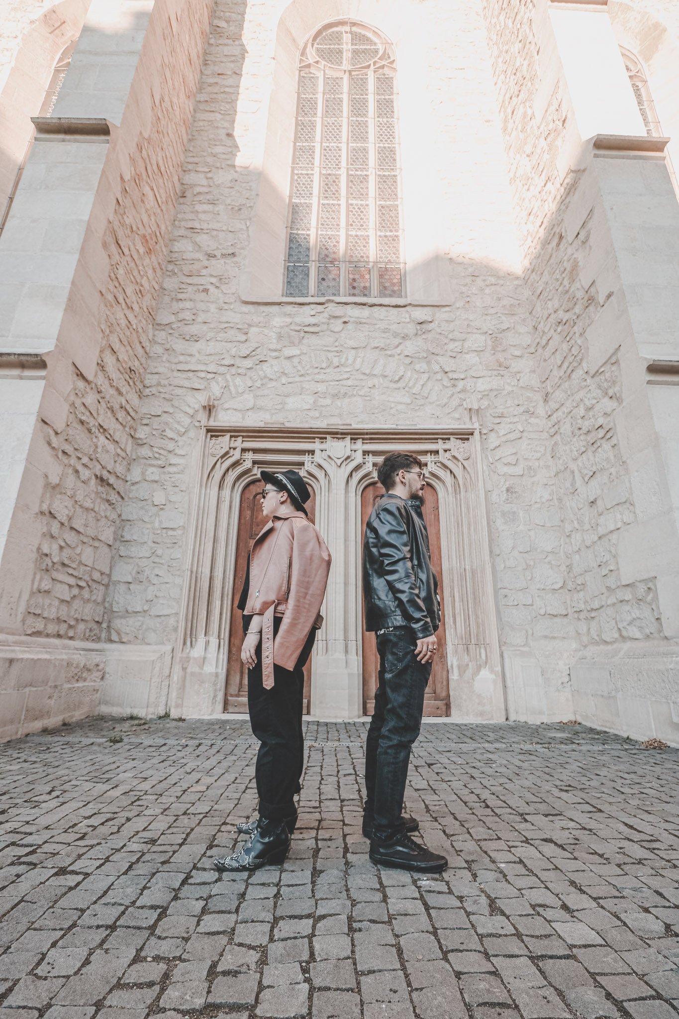 fashion couple during a couple photoshoot on the streets of Cluj-Napoca Romania