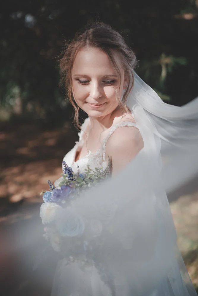 Close-up portrait of a bride at Monks Barn, Hurley, UK
