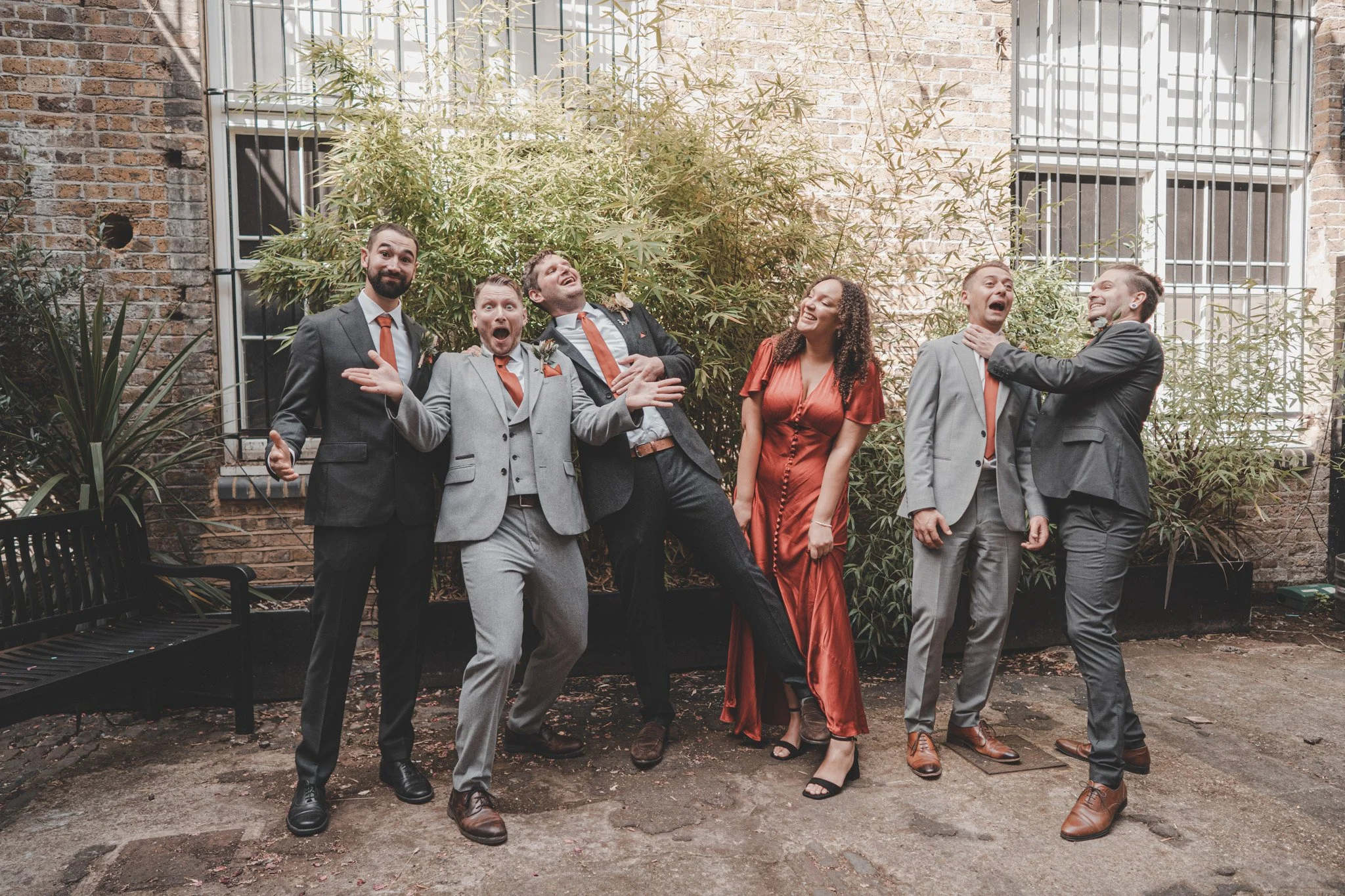 Funny group shot on the wedding day at the Depot in London