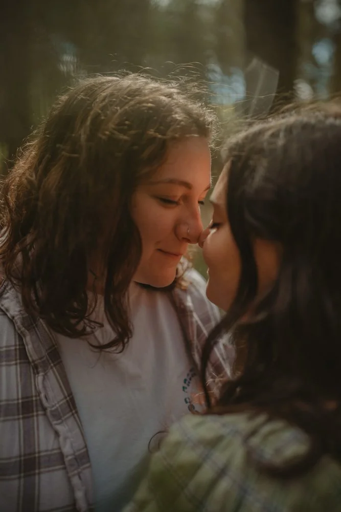 Close-up and intimate portrait of a queer couple, at a save the date photo session, UK