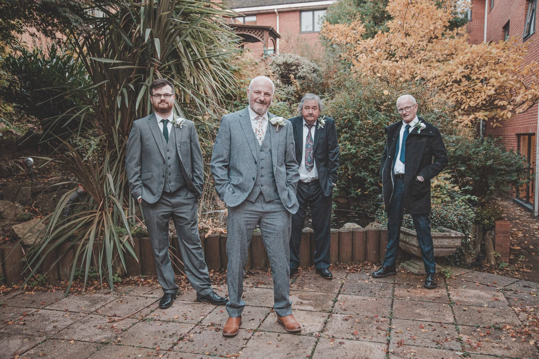 Groom posing with groomsmen at Arden Hotel in Coventry