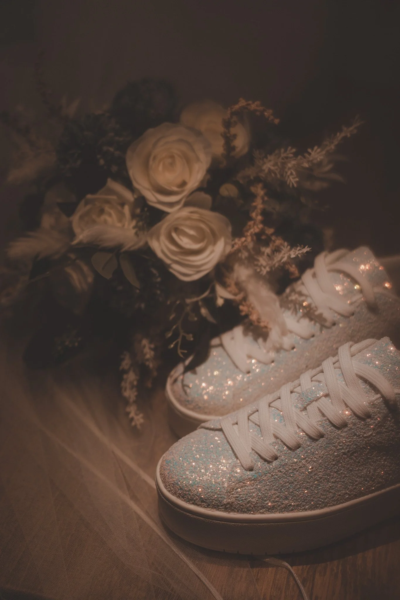 Details of wedding flower bouquet and shoes